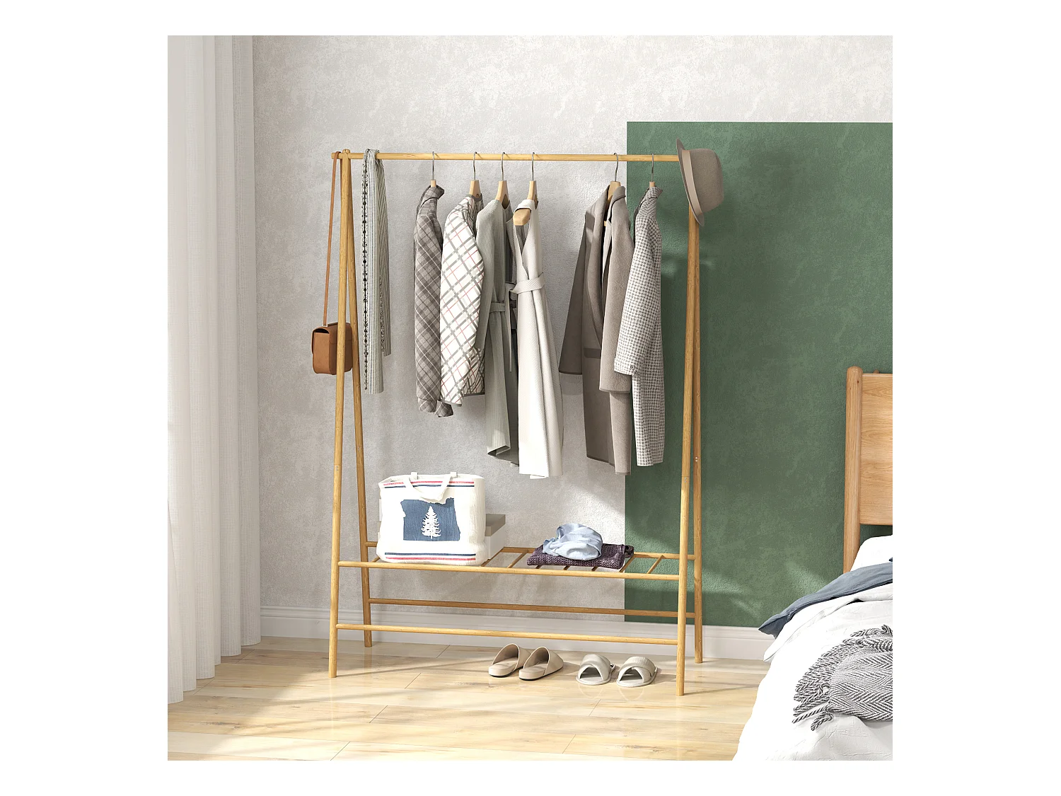 Perchero de bambú con estantes y ganchos, madera natural, estable y práctico (116 x 43,5 x 160 cm)