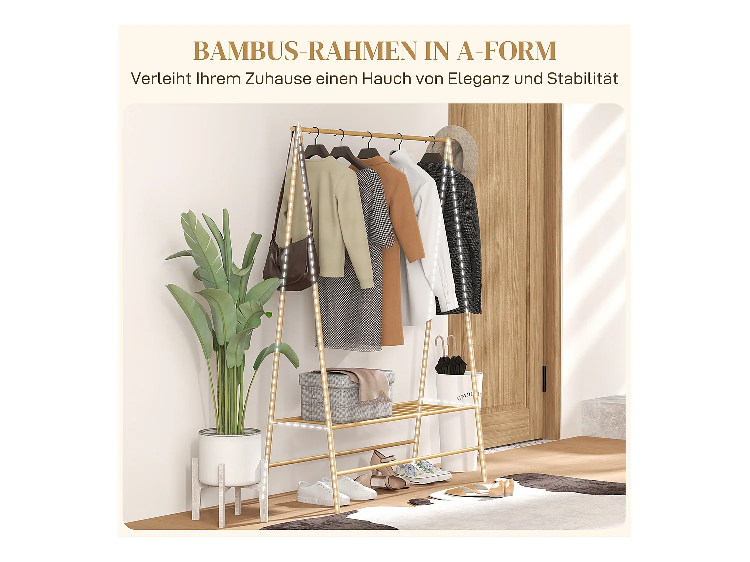 Perchero de bambú con estantes y ganchos, madera natural, estable y práctico (116 x 43,5 x 160 cm)