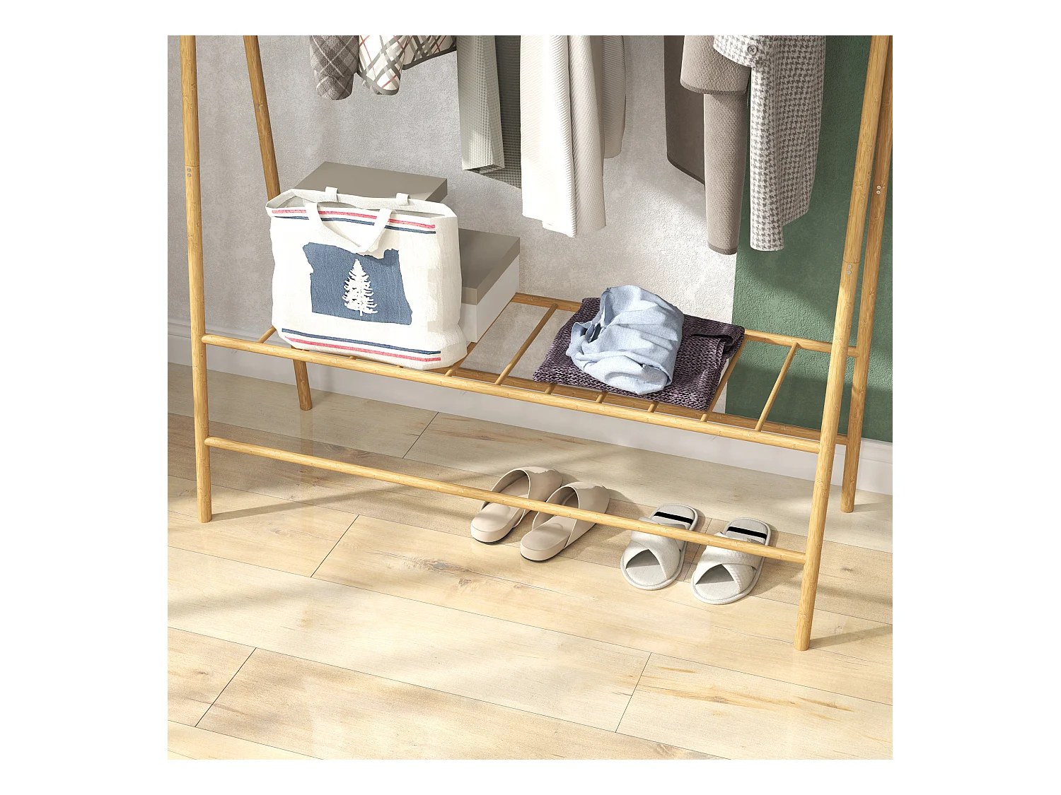Perchero de bambú con estantes y ganchos, madera natural, estable y práctico (116 x 43,5 x 160 cm)
