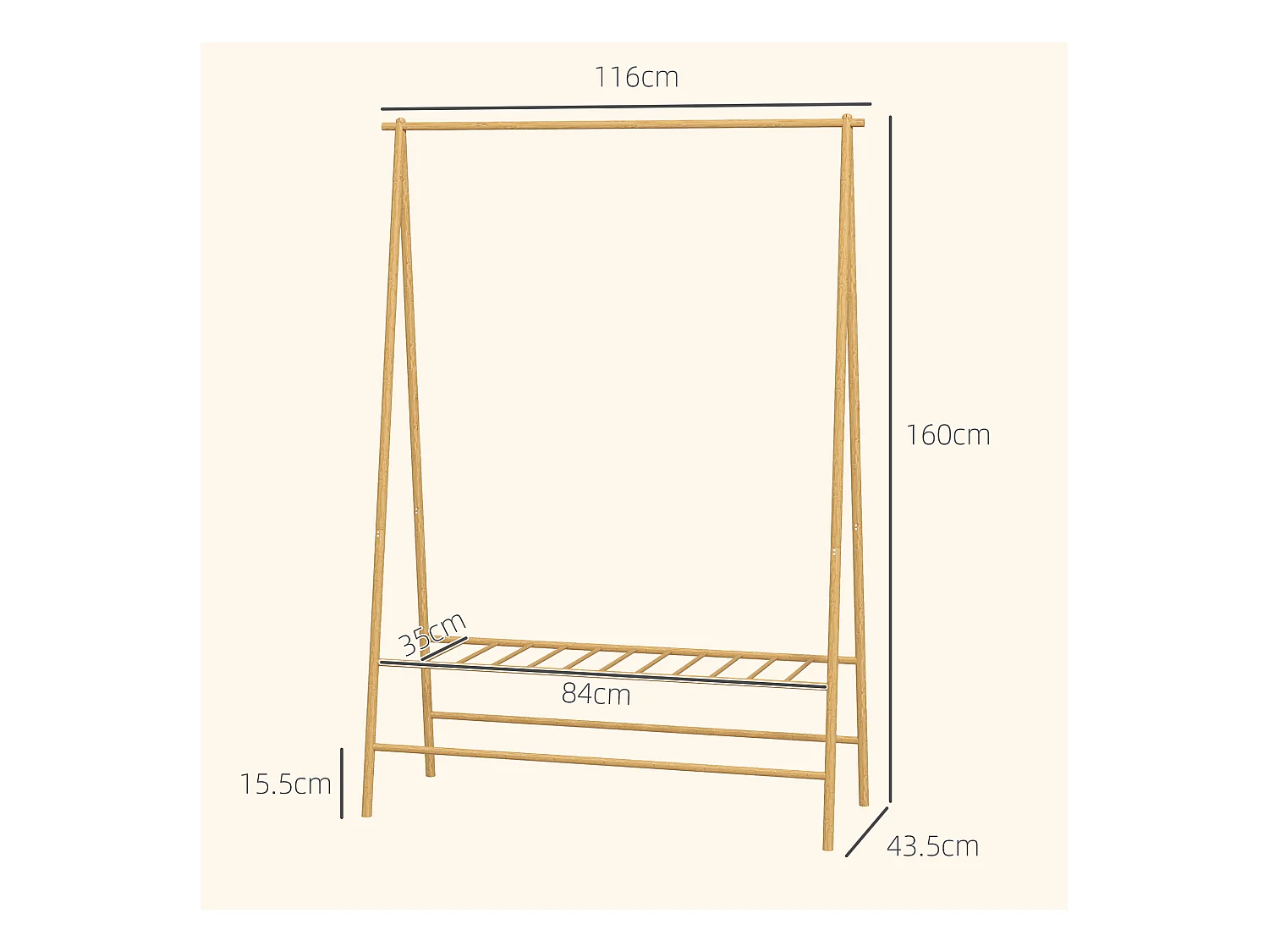 Porte-manteau en bambou avec étagères et crochets, bois naturel, stable et pratique (116x43.5x160cm)