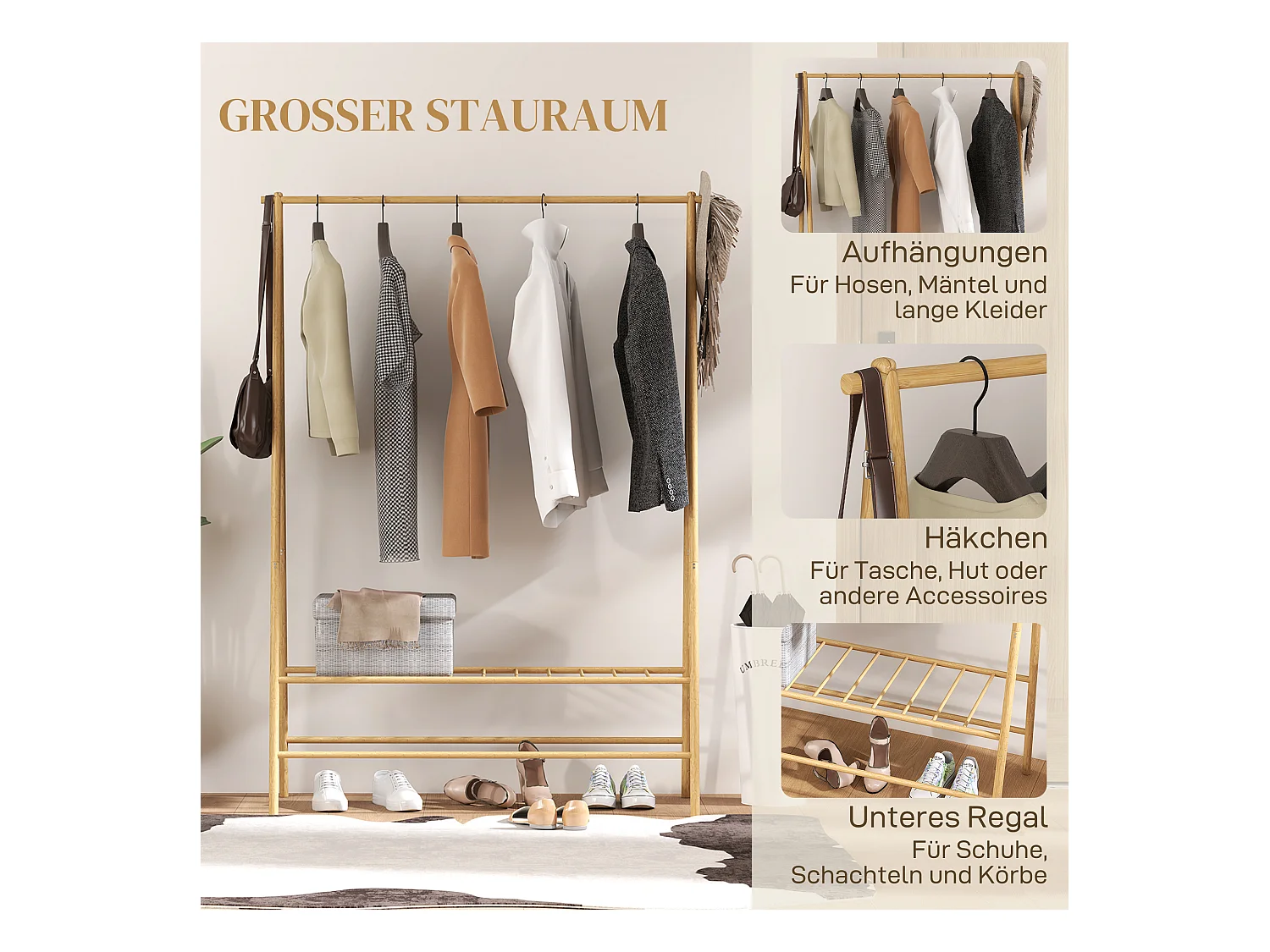 Porte-manteau en bambou avec étagères et crochets, bois naturel, stable et pratique (116x43.5x160cm)