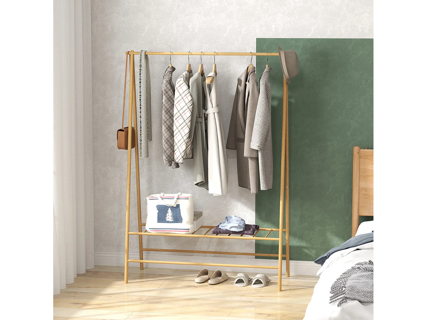 Porte-manteau en bambou avec étagères et crochets, bois naturel, stable et pratique (116x43.5x160cm)