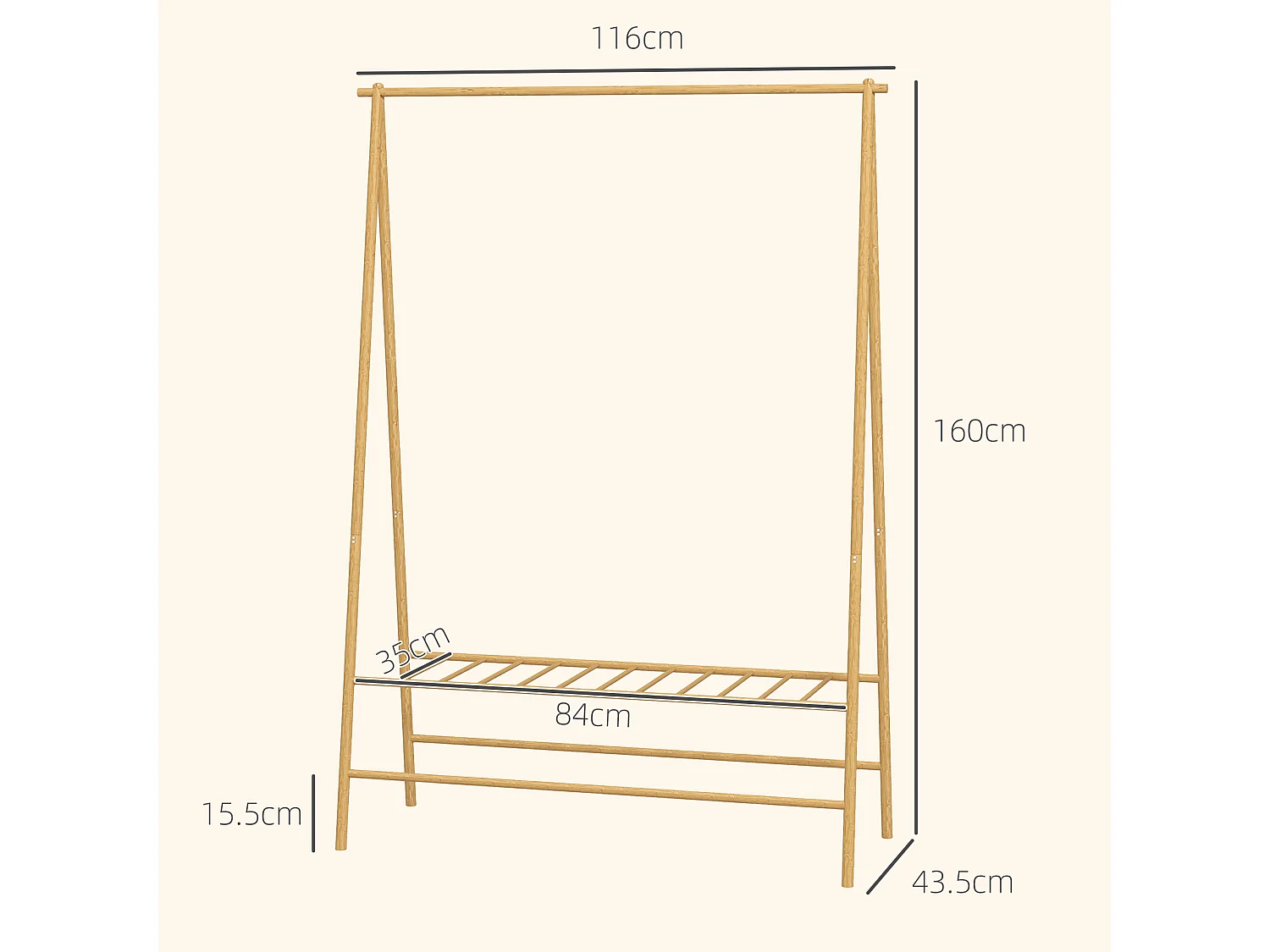 Porte-manteau en bambou avec étagères et crochets, bois naturel, stable et pratique (116x43.5x160cm)