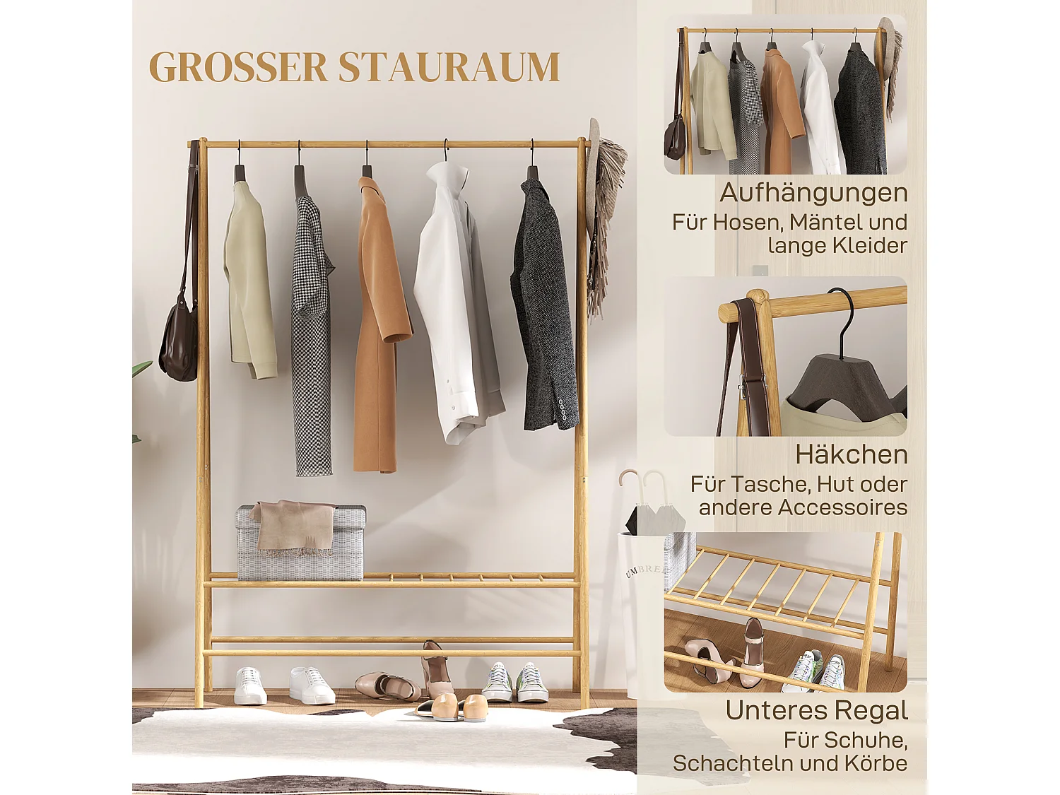 Porte-manteau en bambou avec étagères et crochets, bois naturel, stable et pratique (116x43.5x160cm)