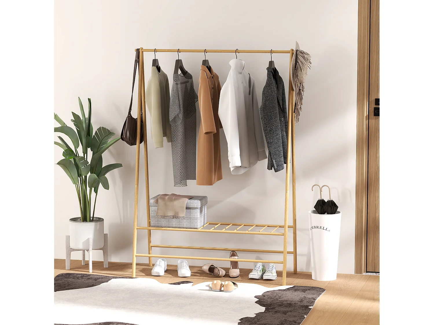 Porte-manteau en bambou avec étagères et crochets, bois naturel, stable et pratique (116x43.5x160cm)