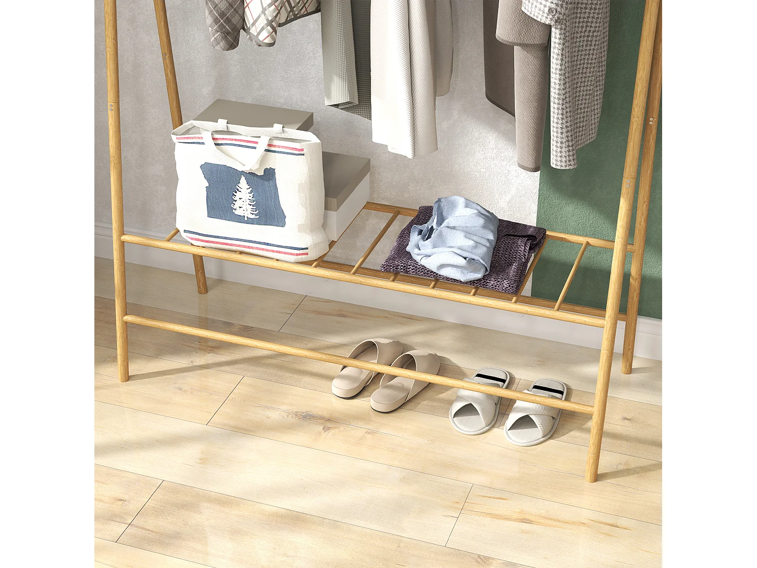 Porte-manteau en bambou avec étagères et crochets, bois naturel, stable et pratique (116x43.5x160cm)