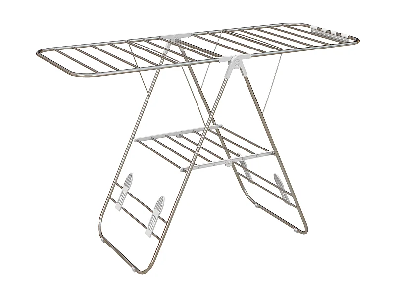 Séchoir à linge pliable avec ailes et barres télescopiques en acier inoxydable et plastique, argent/blanc (146x60.5x98 cm)