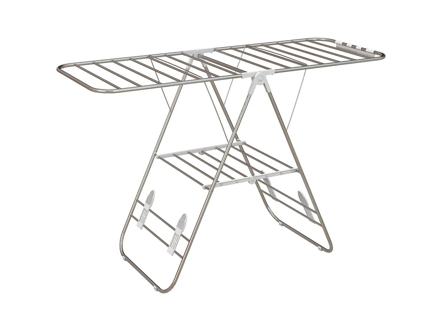 Opvouwbare wasdroger met vleugels en telescopische stangen van roestvrij staal en kunststof, zilver/wit (146x60,5x98 cm)
