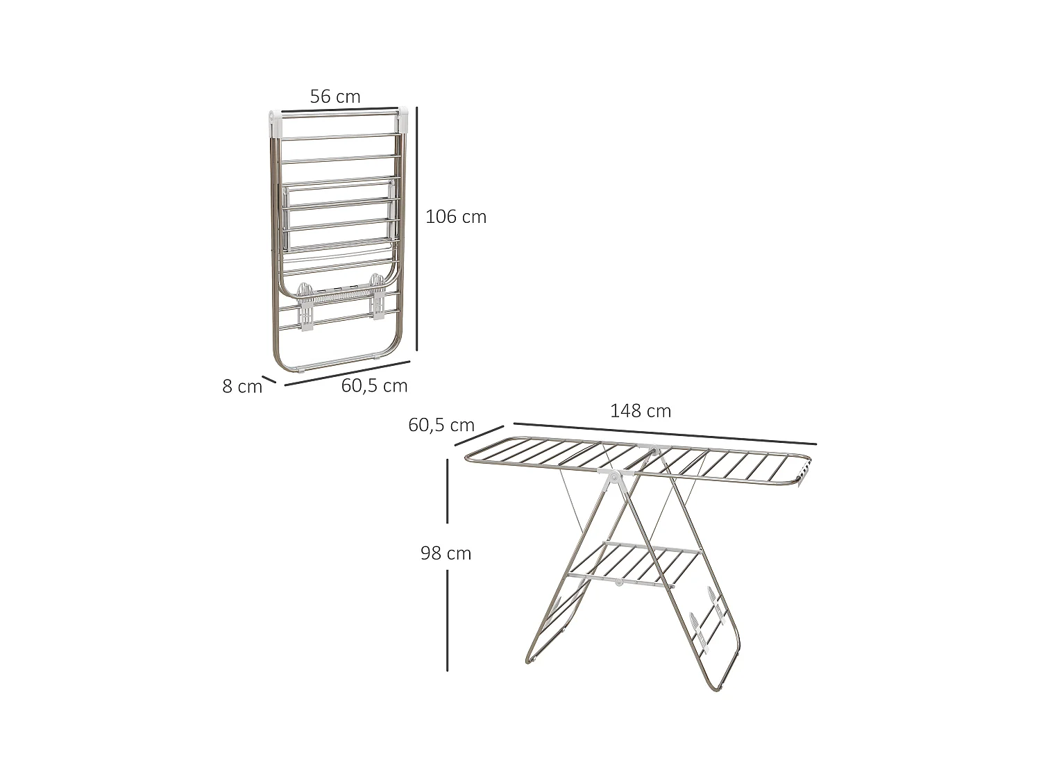 Opvouwbare wasdroger met vleugels en telescopische stangen van roestvrij staal en kunststof, zilver/wit (146x60,5x98 cm)