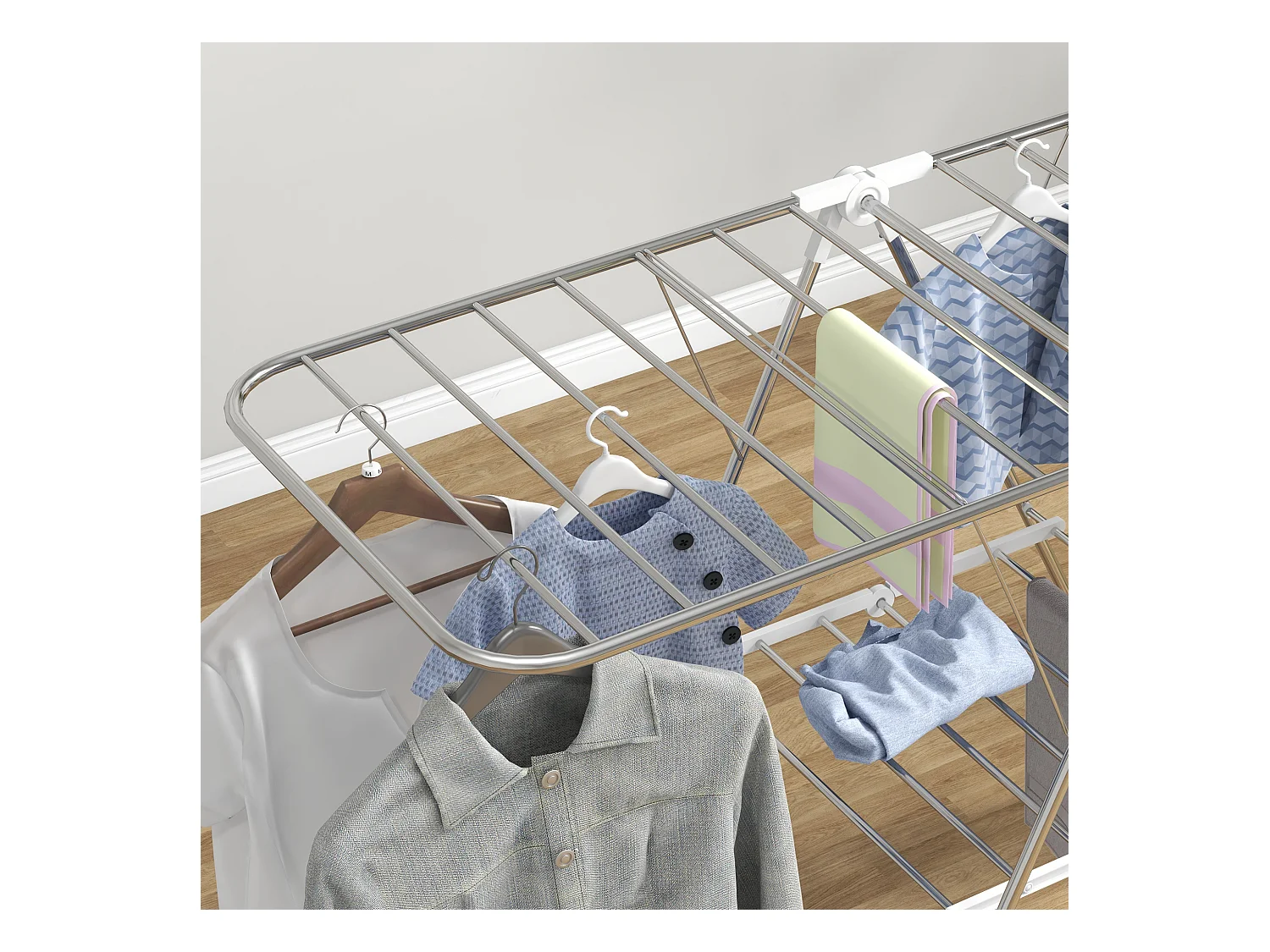 Opvouwbare wasdroger met vleugels en telescopische stangen van roestvrij staal en kunststof, zilver/wit (146x60,5x98 cm)