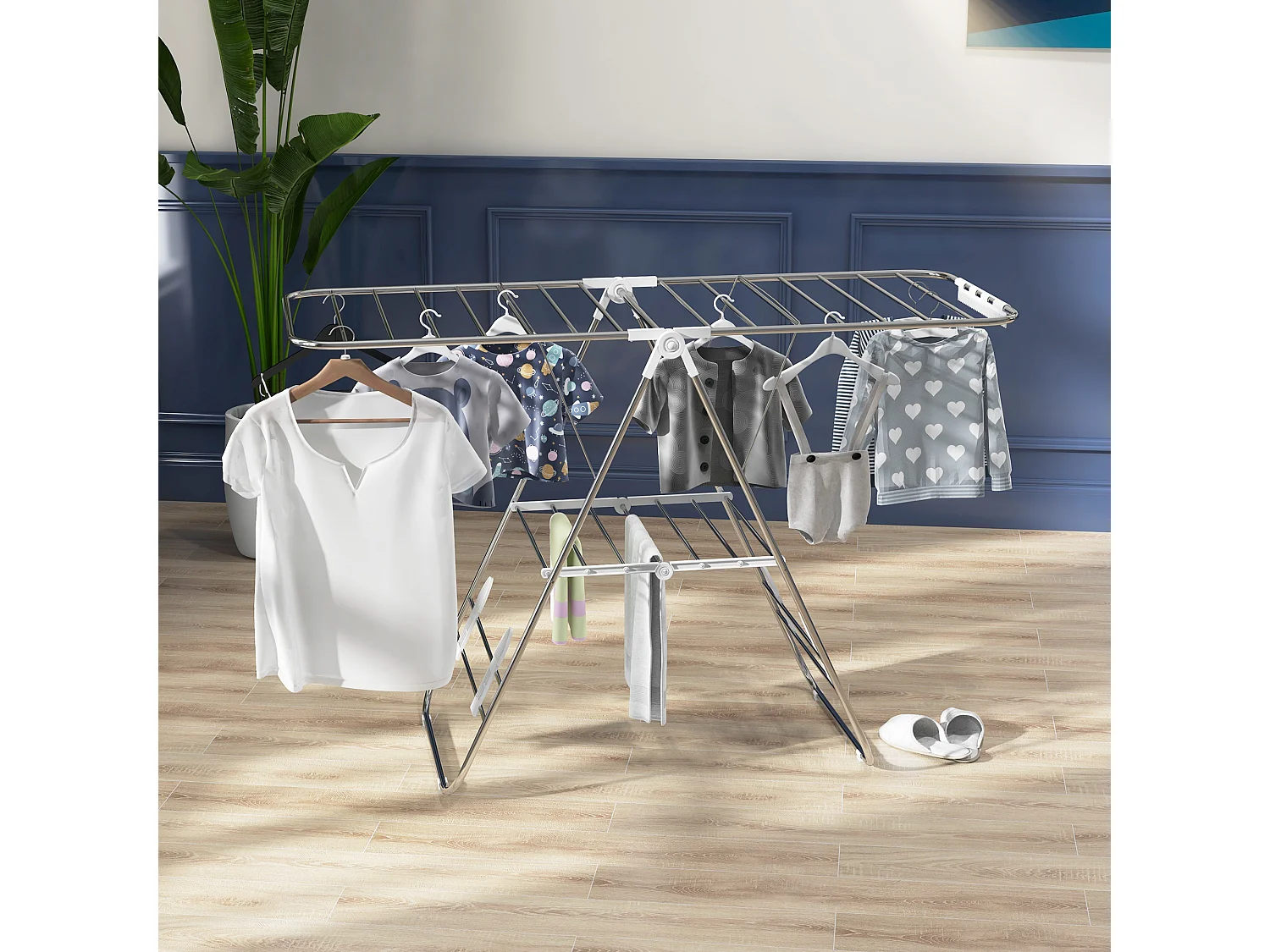 Séchoir à linge pliable avec ailes et barres télescopiques en acier inoxydable et plastique, argent/blanc (146x60.5x98 cm)