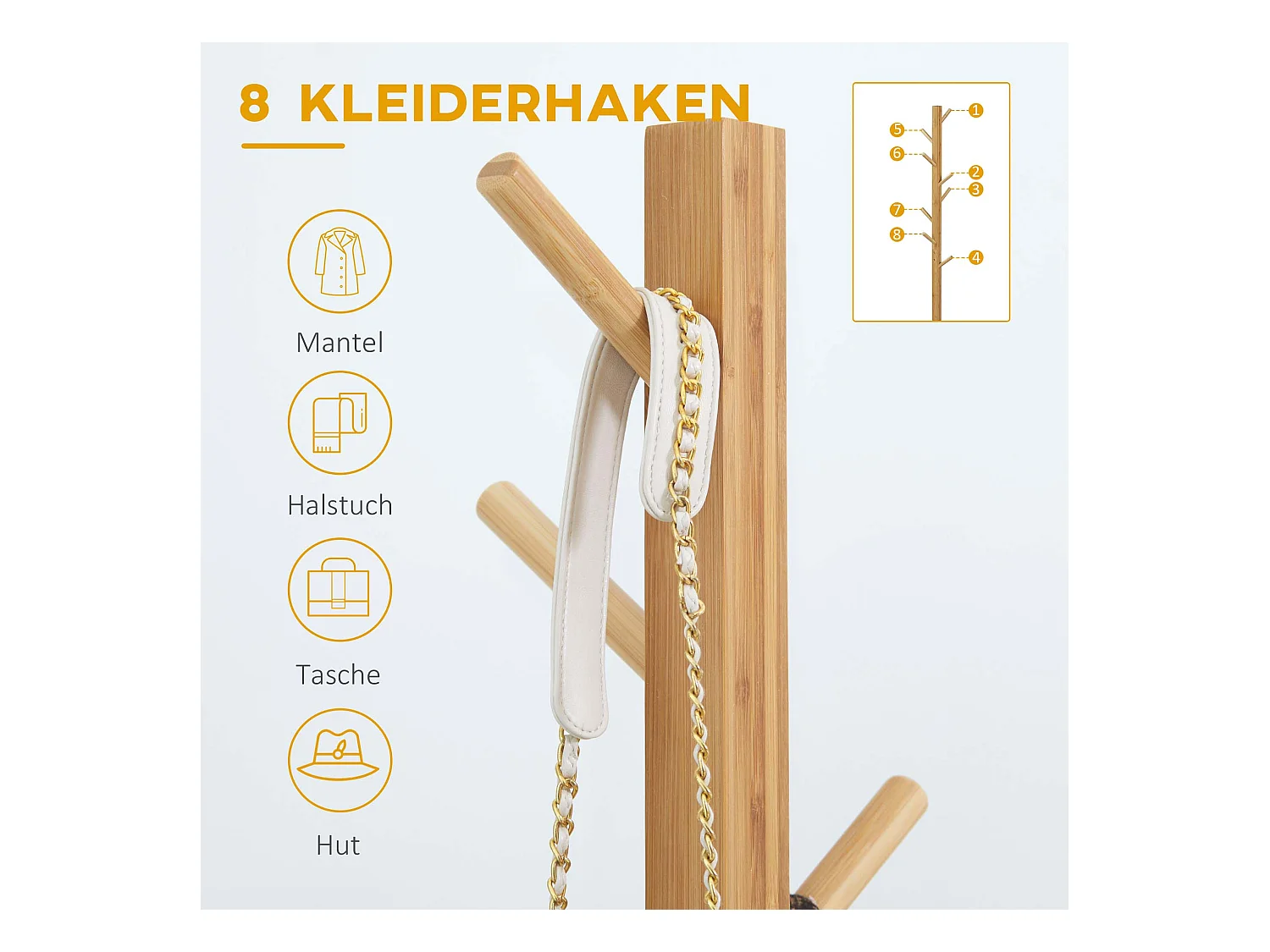 Porte-manteaux en bambou avec 8 crochets, design naturel et fonctionnel, naturel (49.5x49.5x178cm)
