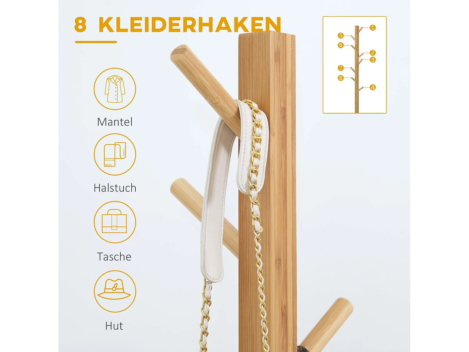 Porte-manteaux en bambou avec 8 crochets, design naturel et fonctionnel, naturel (49.5x49.5x178cm)
