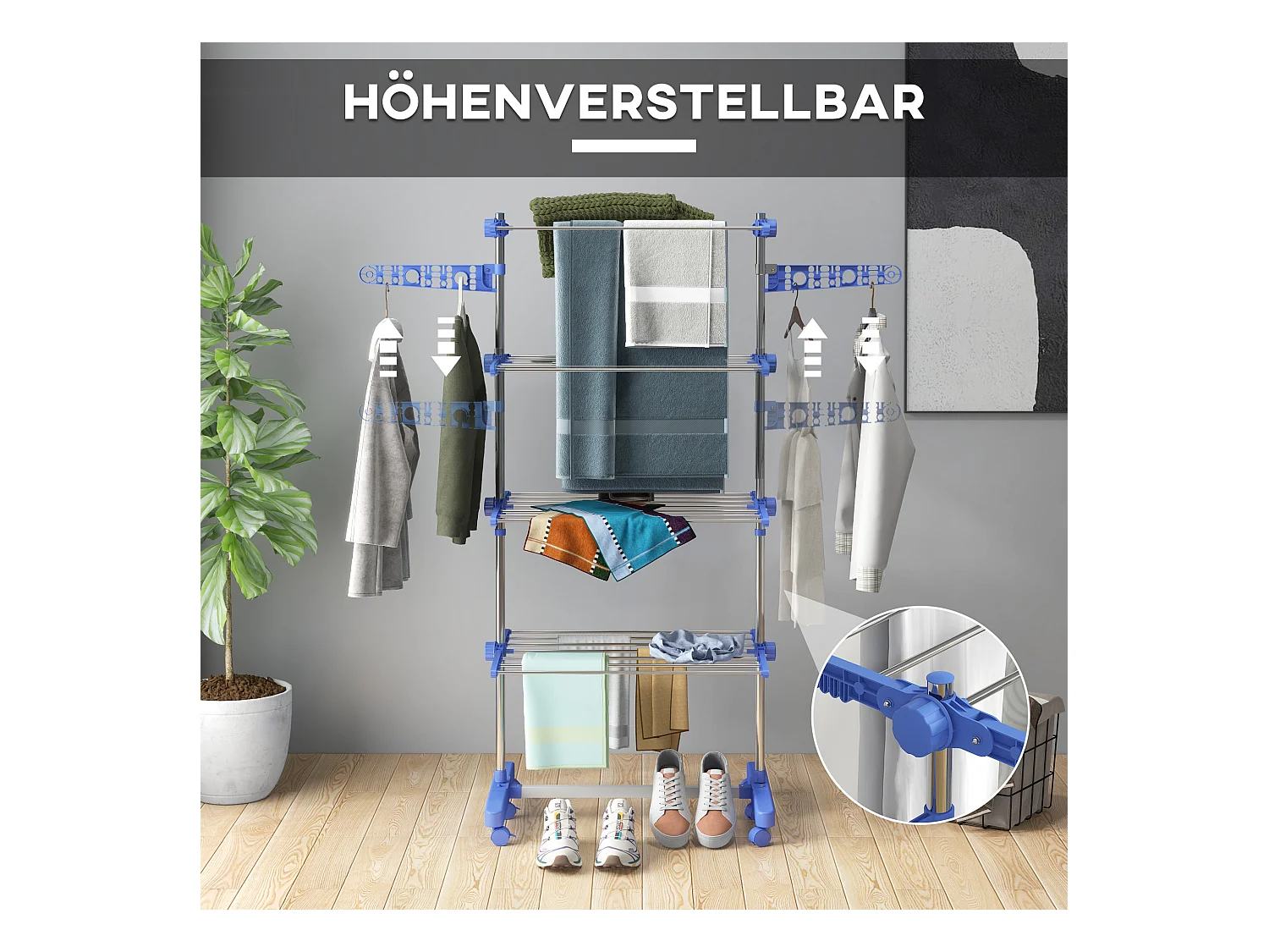 Handdoekrek met plank, 2 niveaus, metaal, blauw (51x31x85,5 cm)