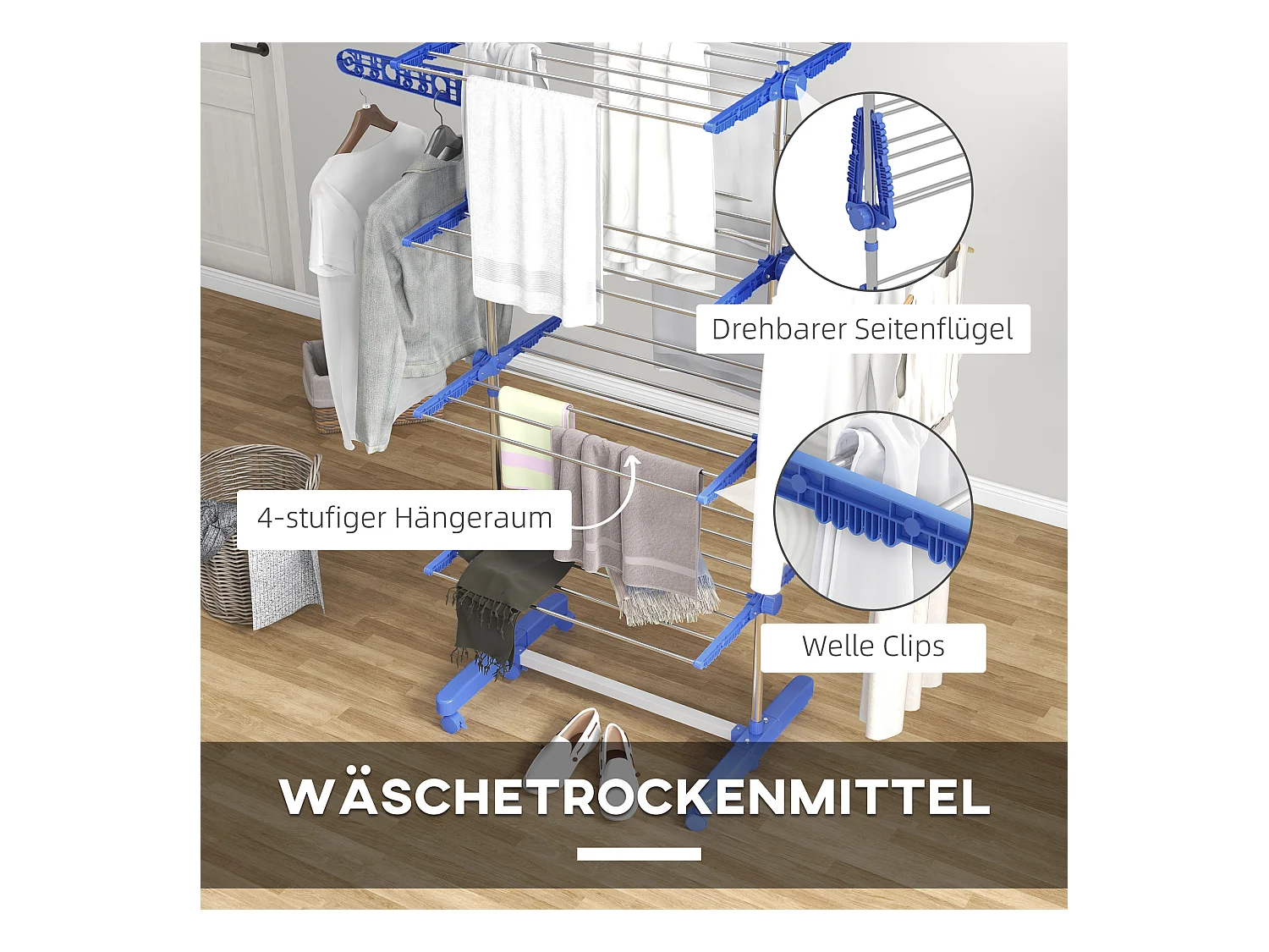 Handdoekrek met plank, 2 niveaus, metaal, blauw (51x31x85,5 cm)
