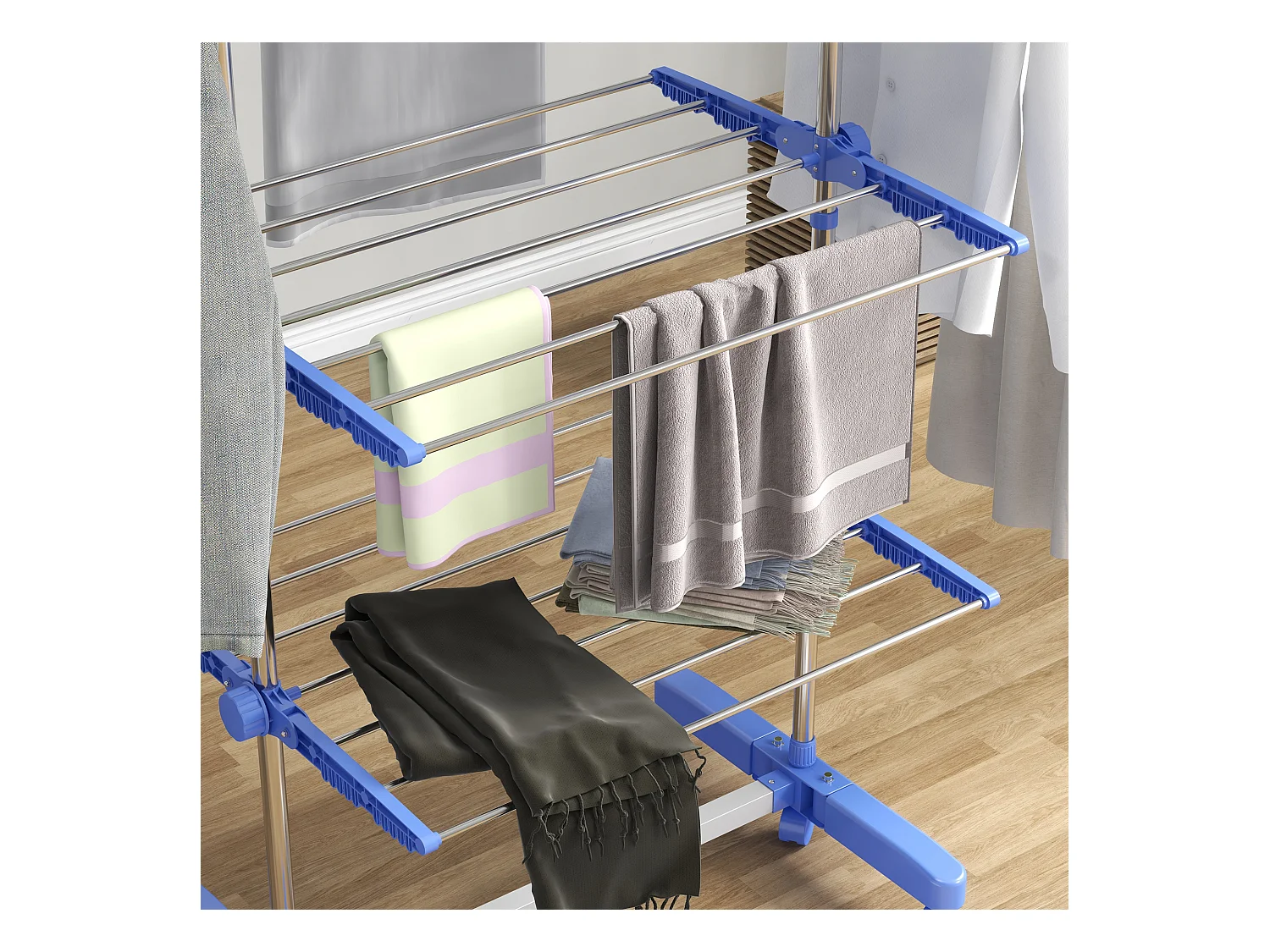 Handdoekrek met plank, 2 niveaus, metaal, blauw (51x31x85,5 cm)