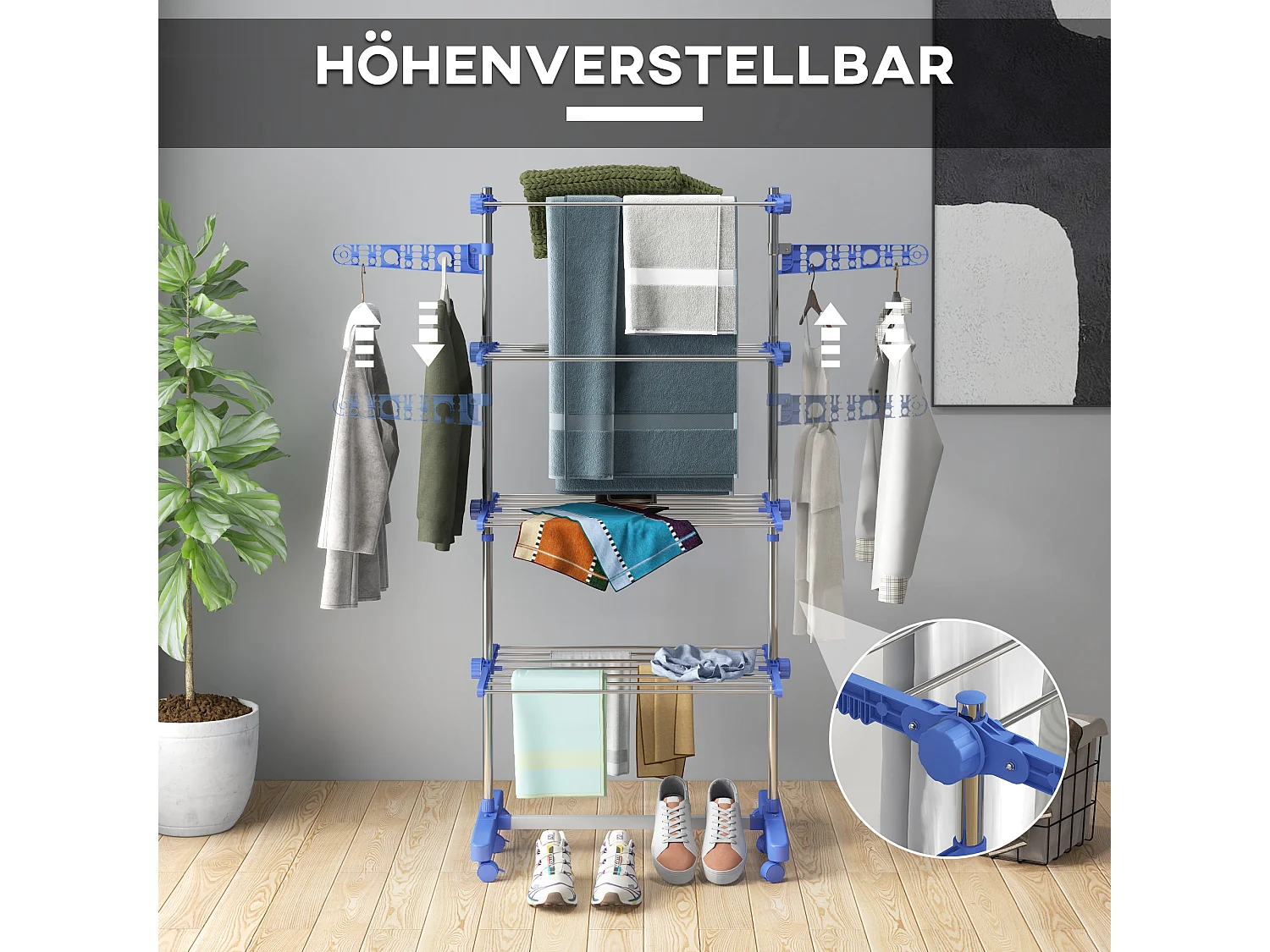 Handdoekrek met plank, 2 niveaus, metaal, blauw (51x31x85,5 cm)