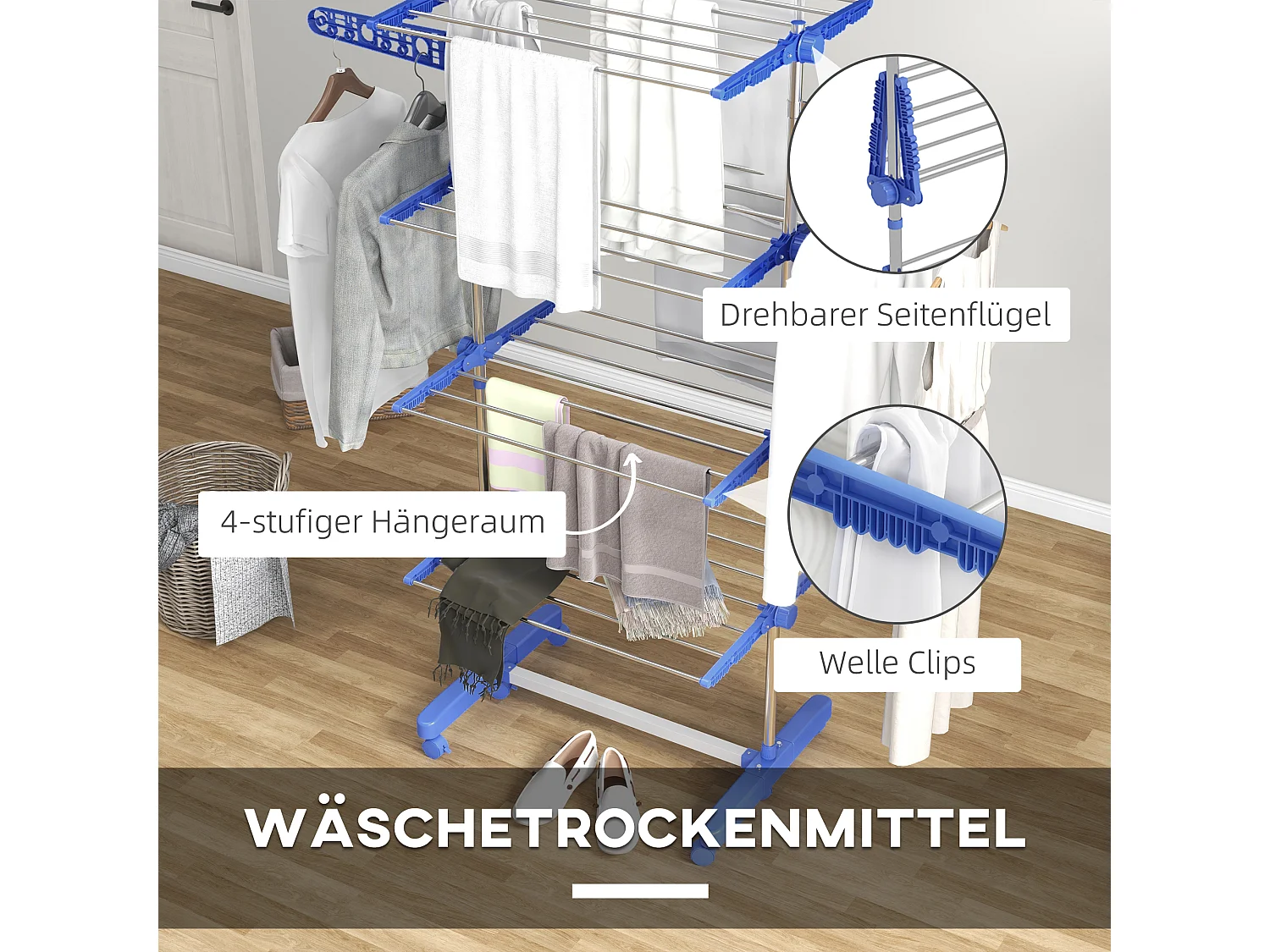 Handdoekrek met plank, 2 niveaus, metaal, blauw (51x31x85,5 cm)