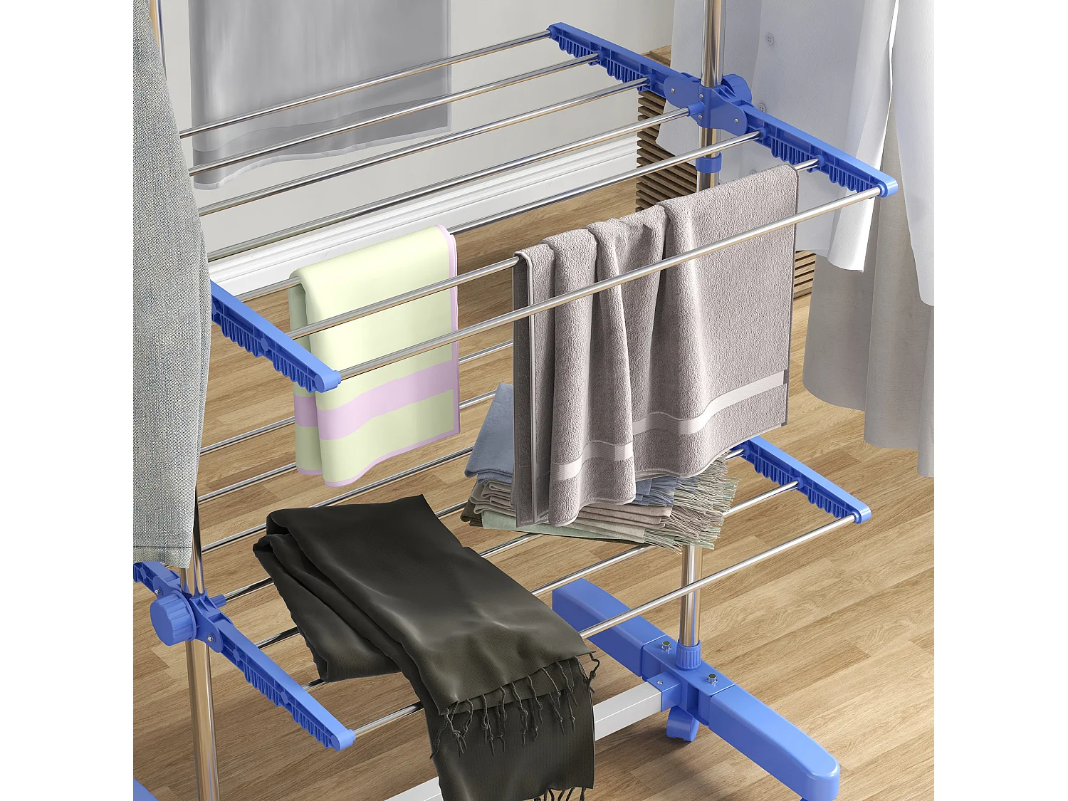 Handdoekrek met plank, 2 niveaus, metaal, blauw (51x31x85,5 cm)