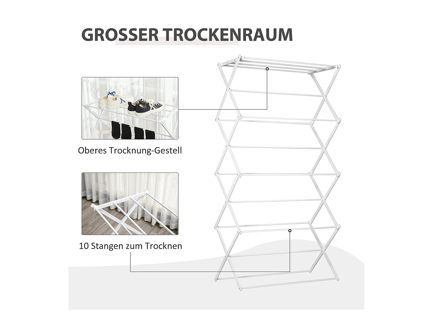 Opvouwbare wasdroger met 8 niveaus, metaal en kunststof, wit (74x35x144 cm)