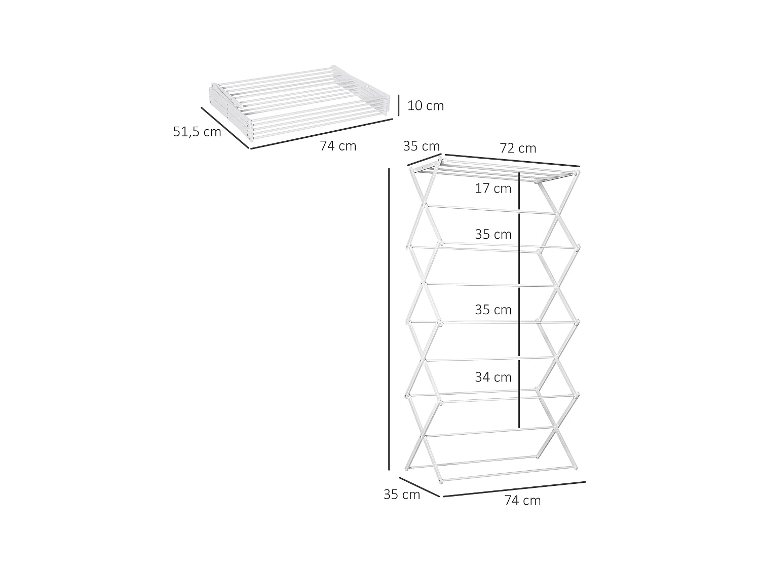 Séchoir à linge pliable 8 étages, métal et plastique, blanc (74x35x144 cm)