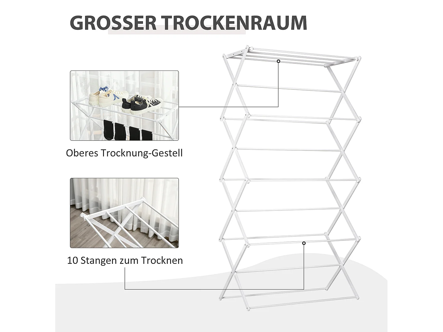 Séchoir à linge pliable 8 étages, métal et plastique, blanc (74x35x144 cm)
