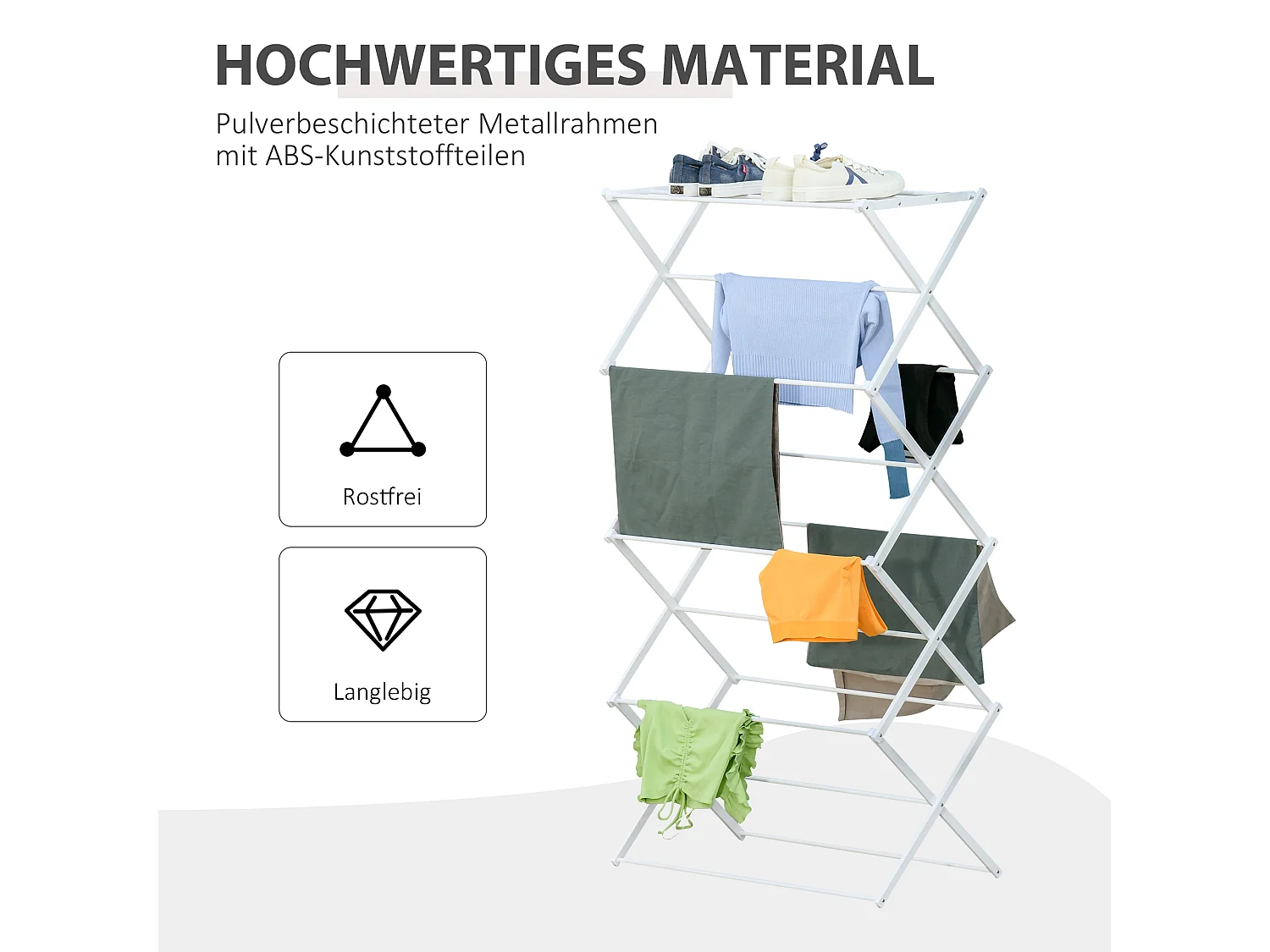 Séchoir à linge pliable 8 étages, métal et plastique, blanc (74x35x144 cm)