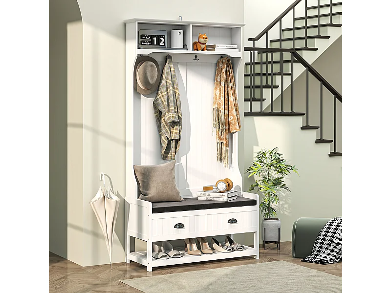 Perchero 2 en 1 con banco zapatero y estantes, con 4 ganchos y protección antivuelco, blanco y gris (89 x 42 x 172 cm)