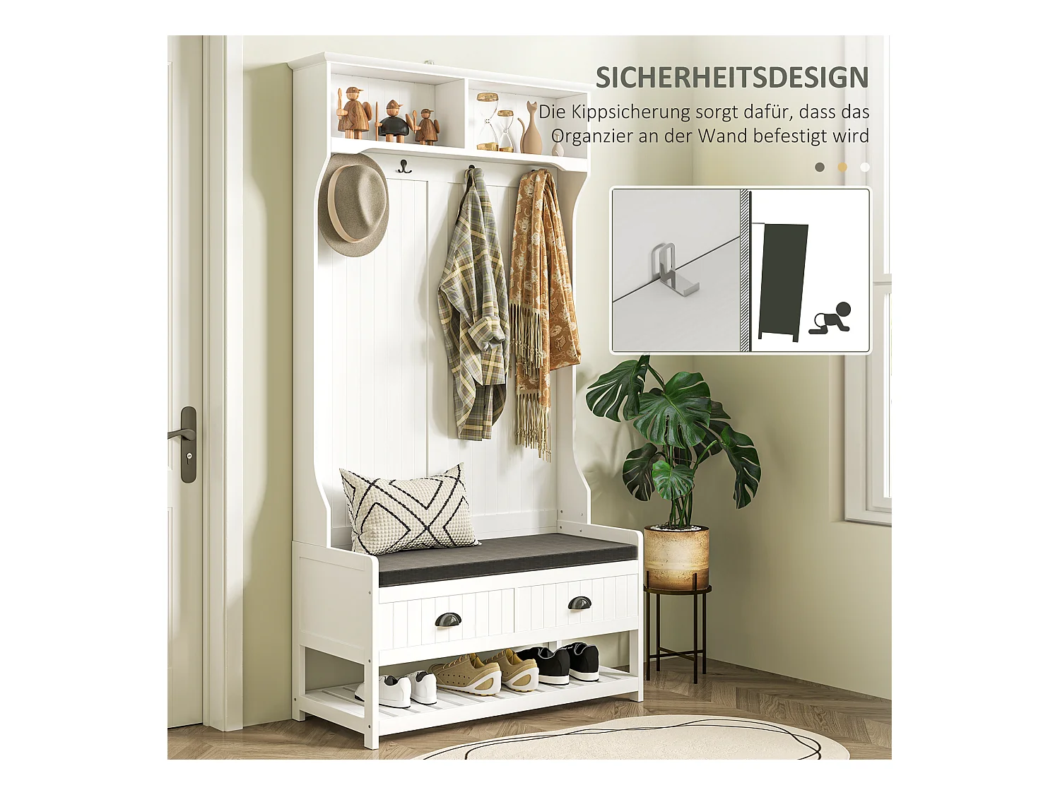 Perchero 2 en 1 con banco zapatero y estantes, con 4 ganchos y protección antivuelco, blanco y gris (89 x 42 x 172 cm)