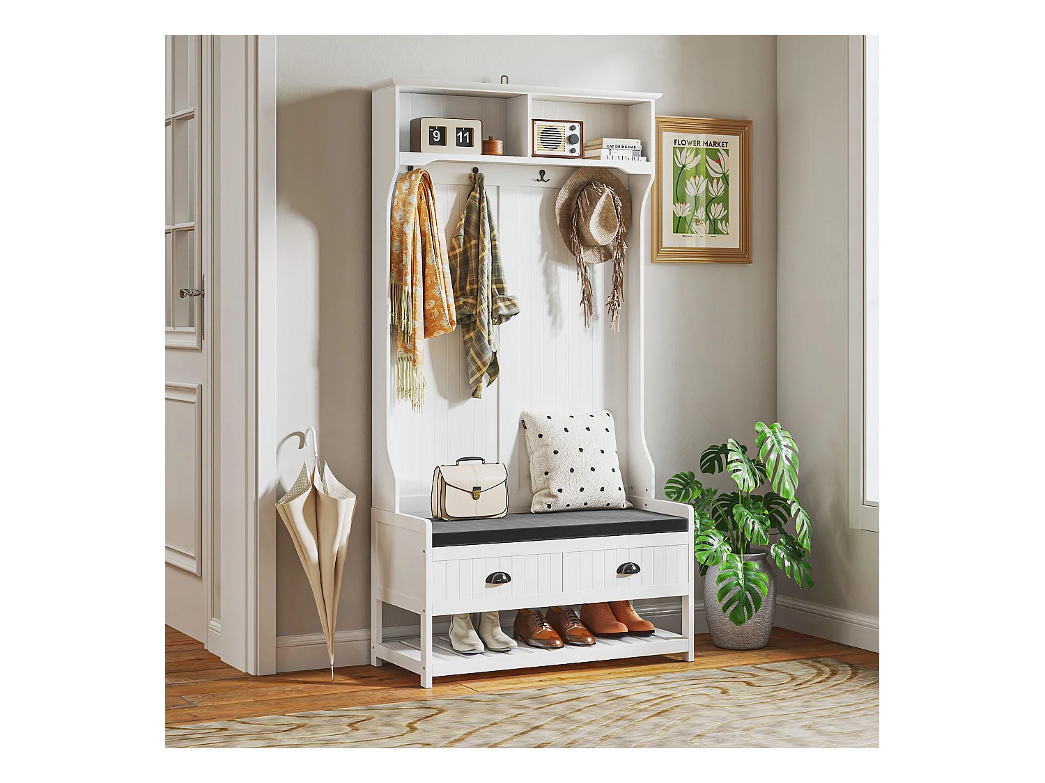 Perchero 2 en 1 con banco zapatero y estantes, con 4 ganchos y protección antivuelco, blanco y gris (89 x 42 x 172 cm)