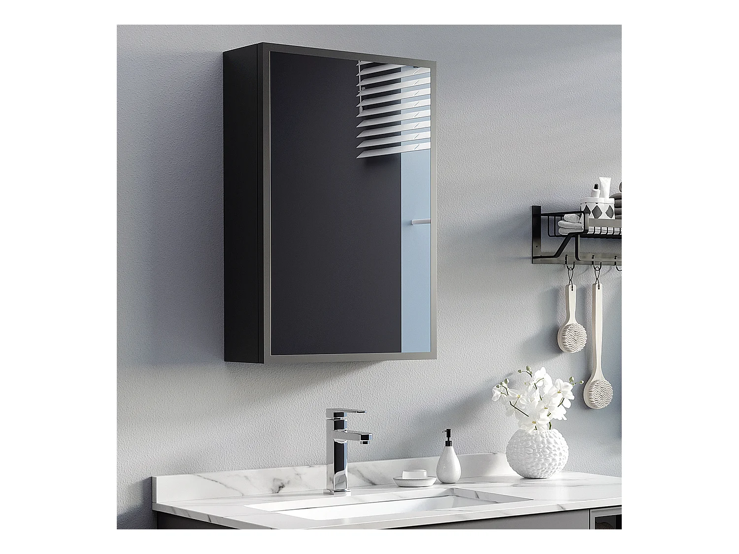 Armoire murale avec miroir, 3 étagères, acier noir, design moderne (40x15x60cm)