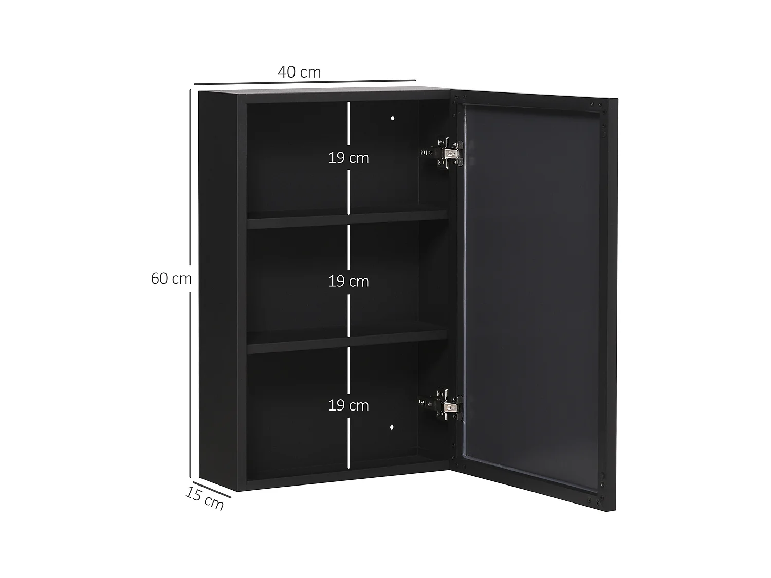 Armoire murale avec miroir, 3 étagères, acier noir, design moderne (40x15x60cm)