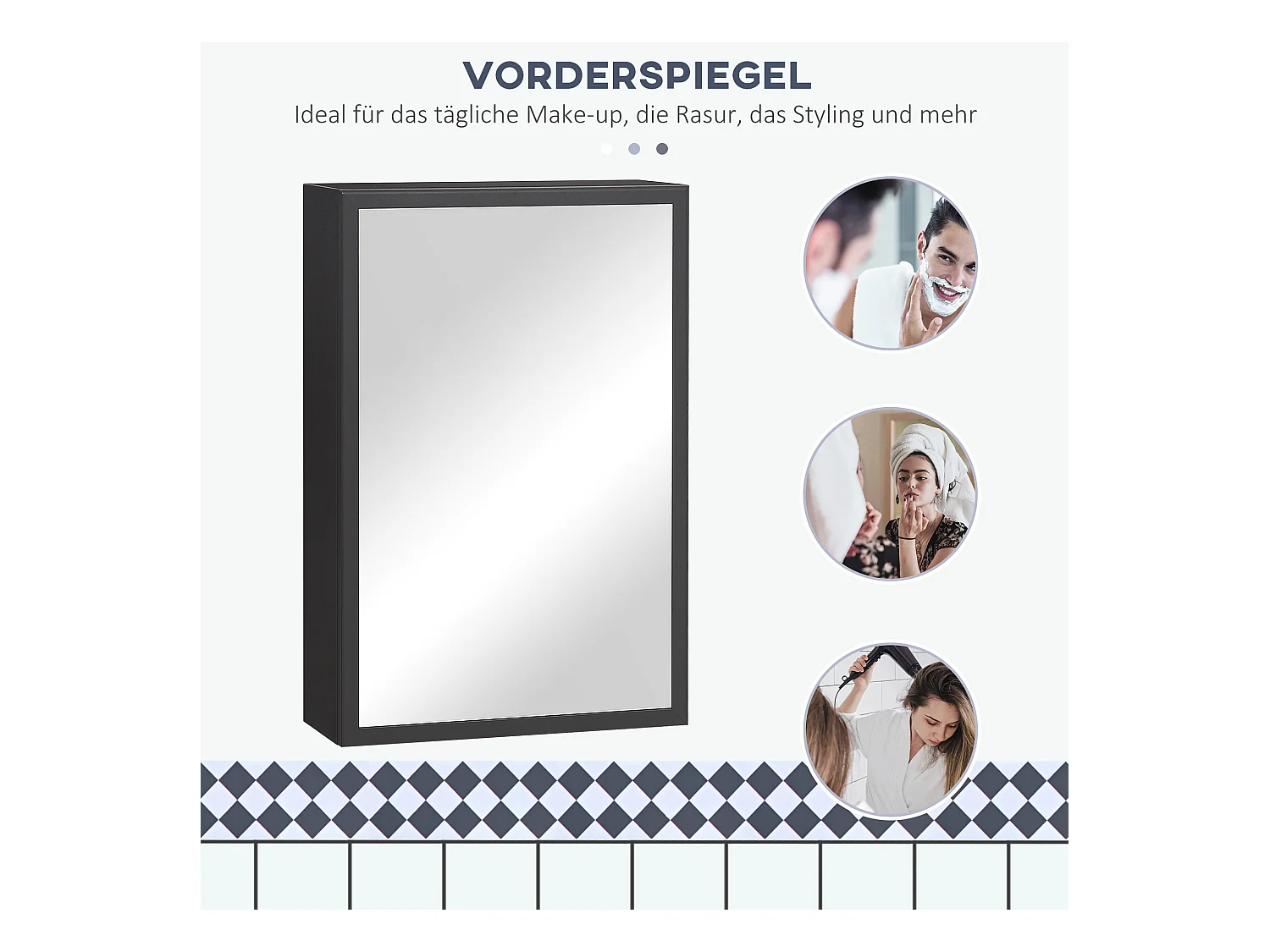 Armoire murale avec miroir, 3 étagères, acier noir, design moderne (40x15x60cm)