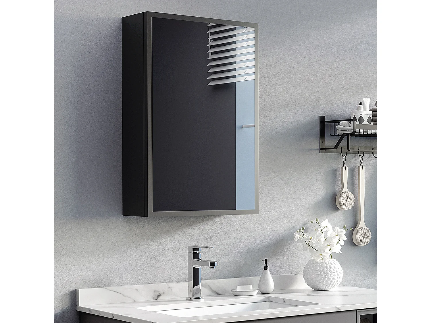 Armoire murale avec miroir, 3 étagères, acier noir, design moderne (40x15x60cm)