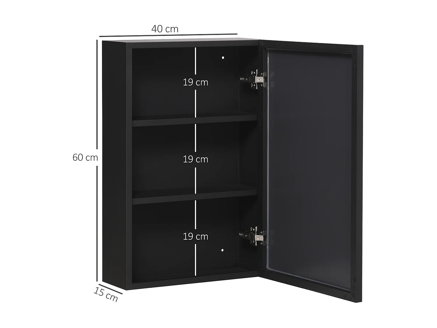 Armoire murale avec miroir, 3 étagères, acier noir, design moderne (40x15x60cm)