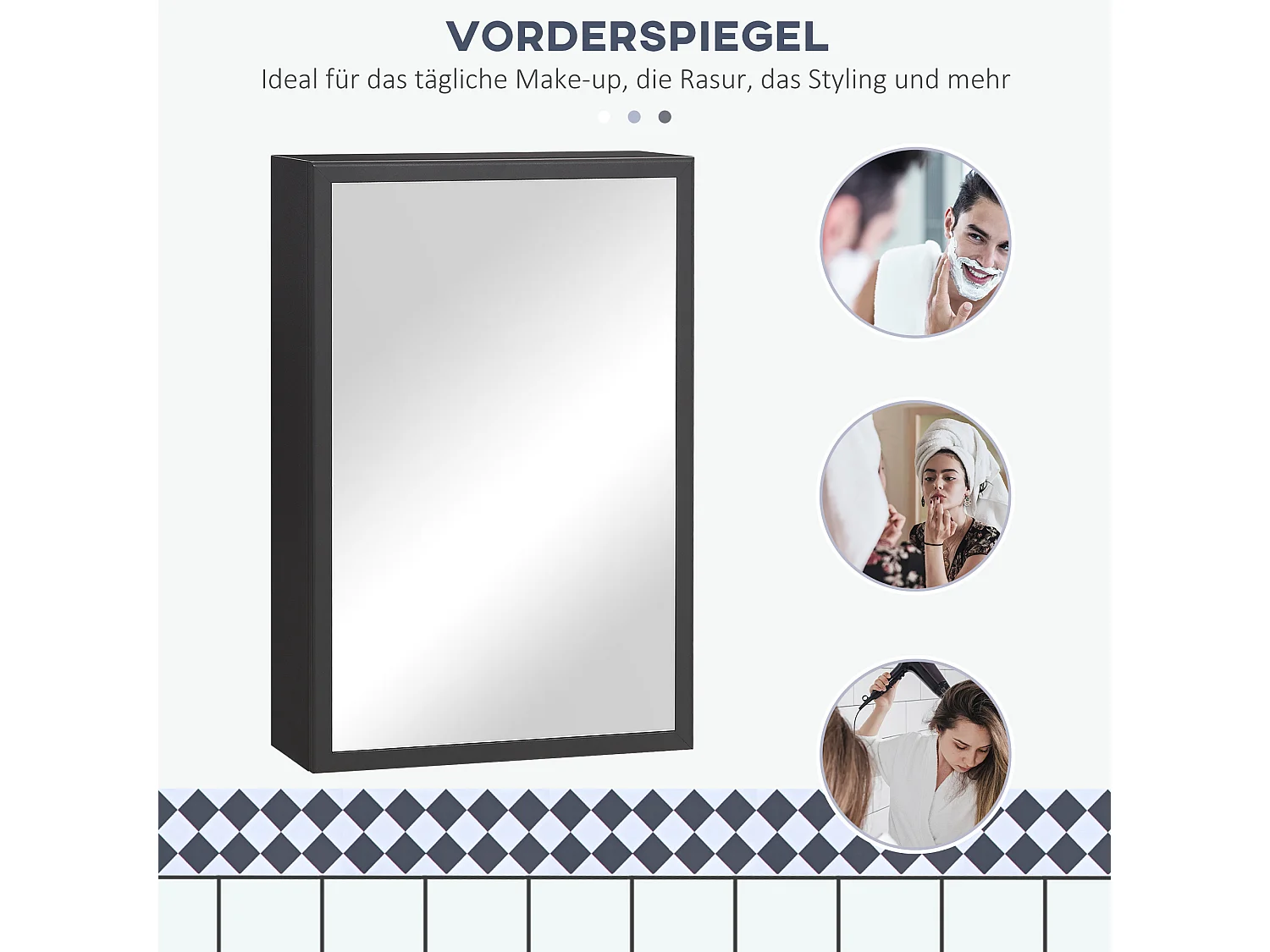 Armoire murale avec miroir, 3 étagères, acier noir, design moderne (40x15x60cm)