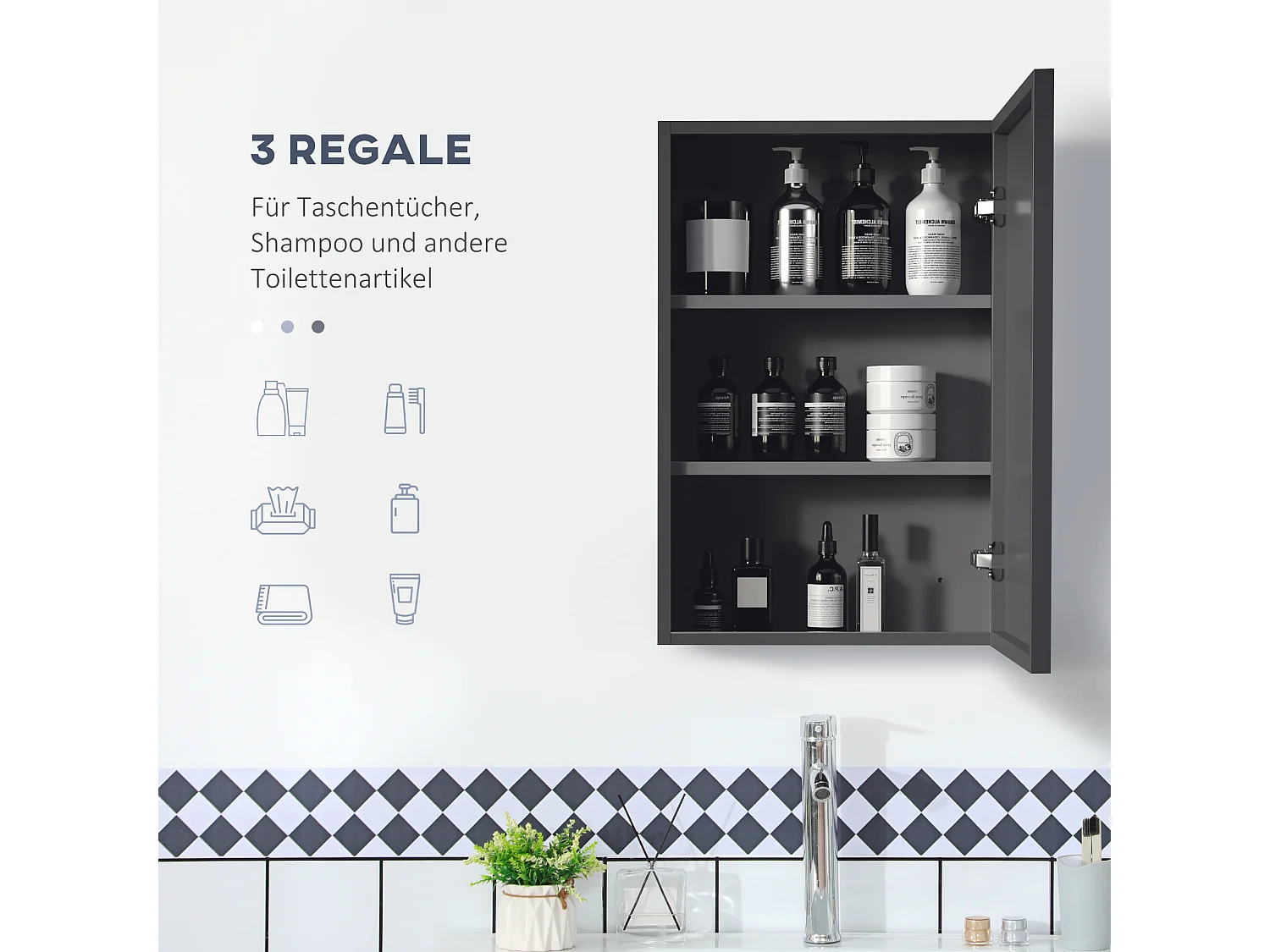 Armoire murale avec miroir, 3 étagères, acier noir, design moderne (40x15x60cm)