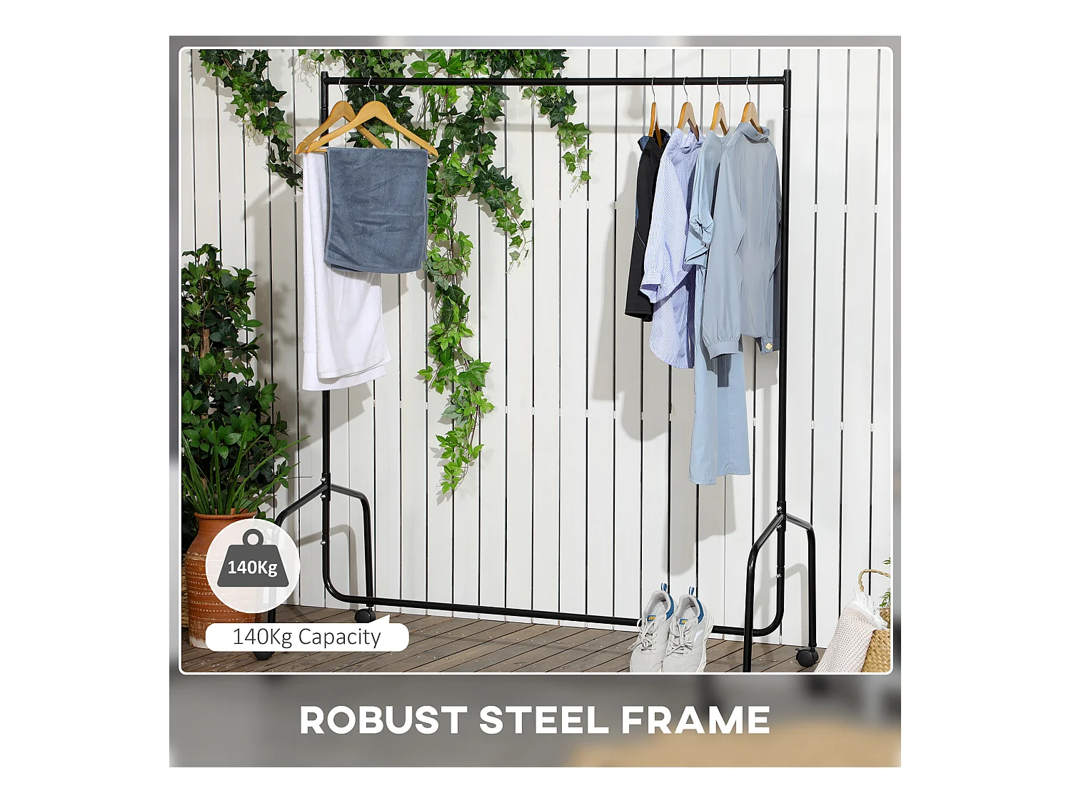 Porte-vêtements avec roulettes, structure métallique robuste, noire, facile à monter (150x60x170 cm)