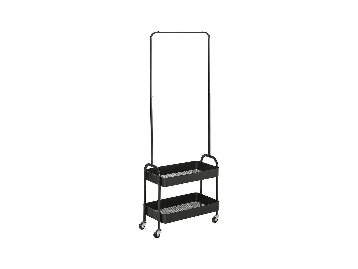 Porte-manteaux mobile avec tringle et étagères, acier noir, roulettes verrouillables (56.5x31.5x152.5cm)