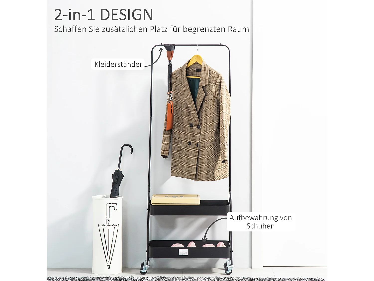 Porte-manteaux mobile avec tringle et étagères, acier noir, roulettes verrouillables (56.5x31.5x152.5cm)