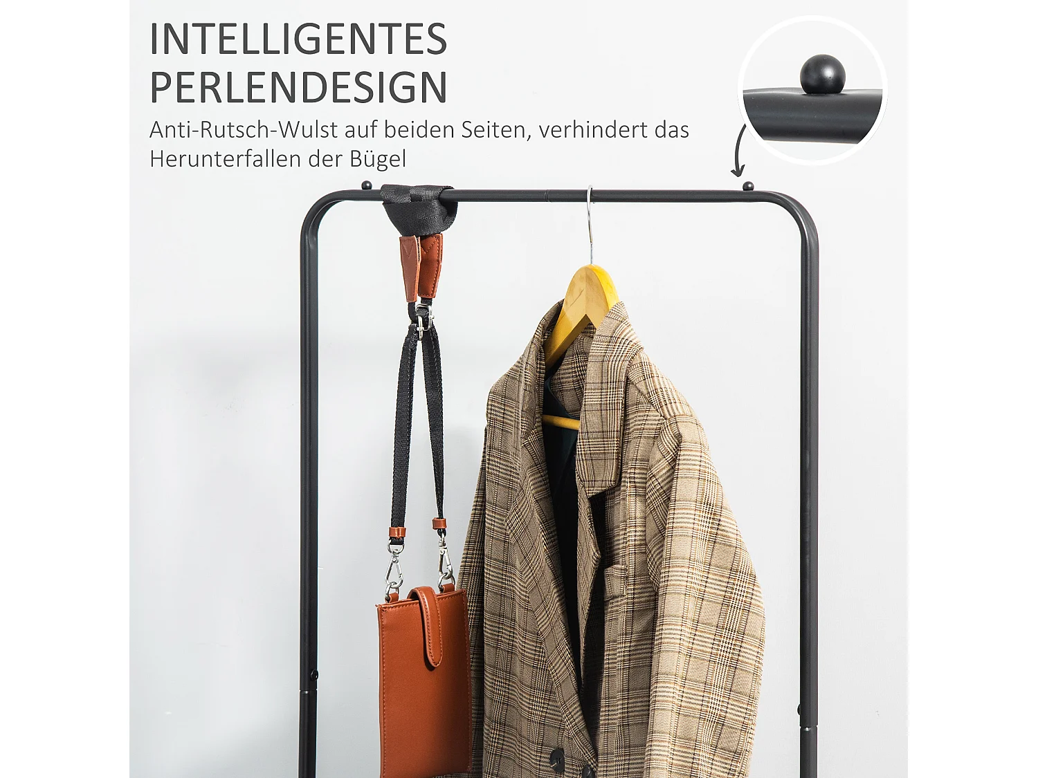 Porte-manteaux mobile avec tringle et étagères, acier noir, roulettes verrouillables (56.5x31.5x152.5cm)