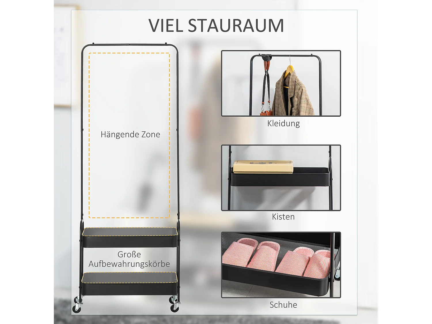 Porte-manteaux mobile avec tringle et étagères, acier noir, roulettes verrouillables (56.5x31.5x152.5cm)