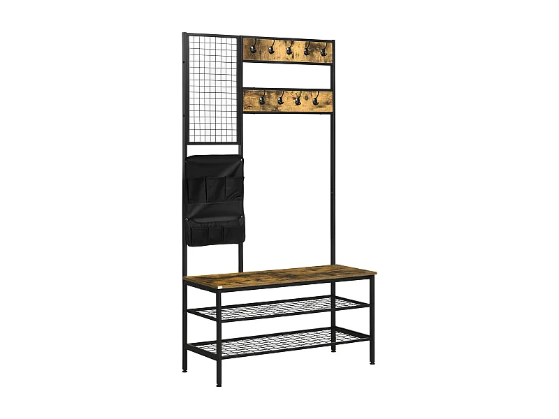 Porte-manteau avec banc et 9 crochets, métal et bois, design industriel, couleur noyer (100x40x185 cm)