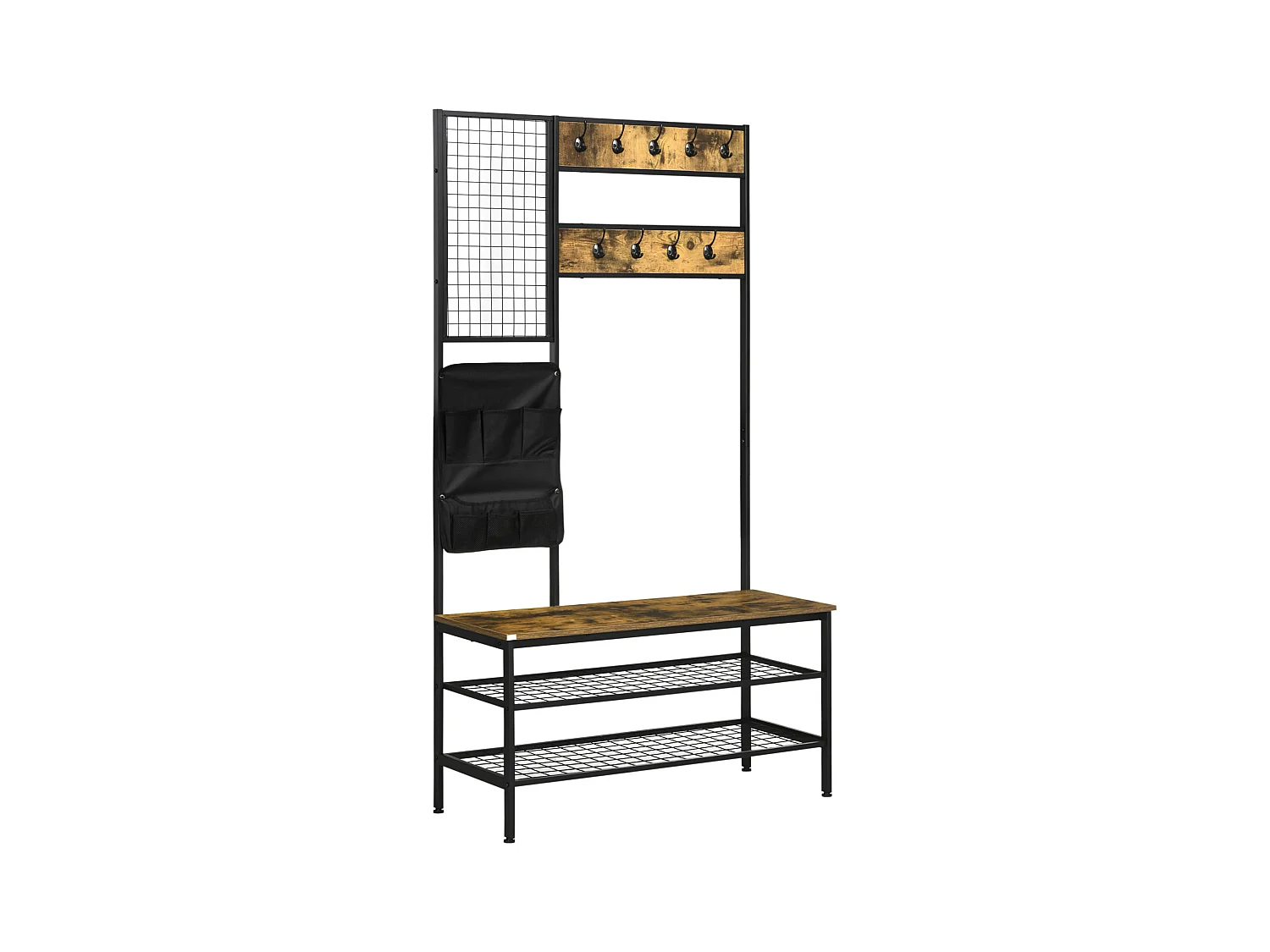 Kapstok met bankje en 9 haken, metaal en hout, industrieel design, walnootkleur (100x40x185 cm)