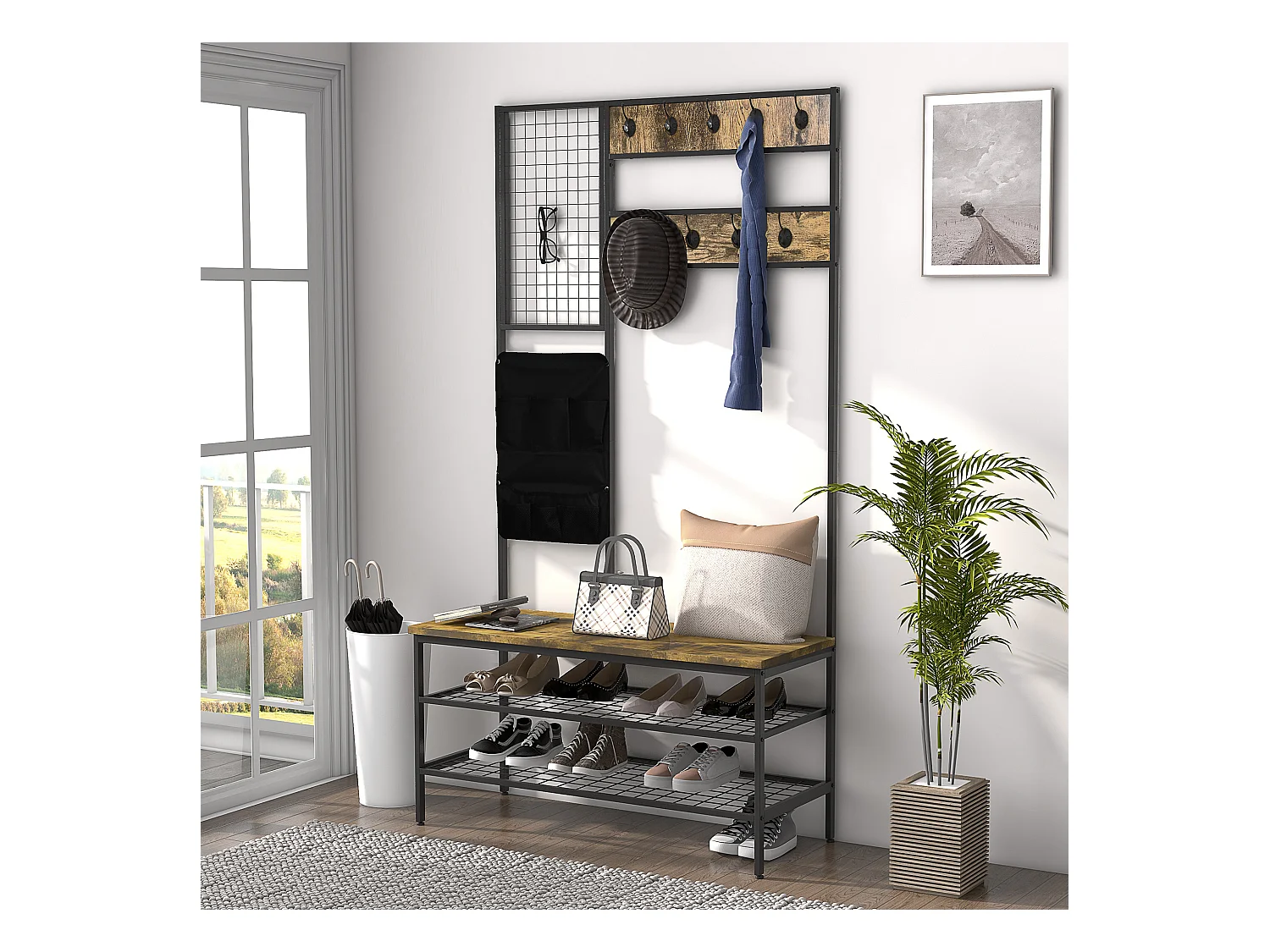 Kapstok met bankje en 9 haken, metaal en hout, industrieel design, walnootkleur (100x40x185 cm)