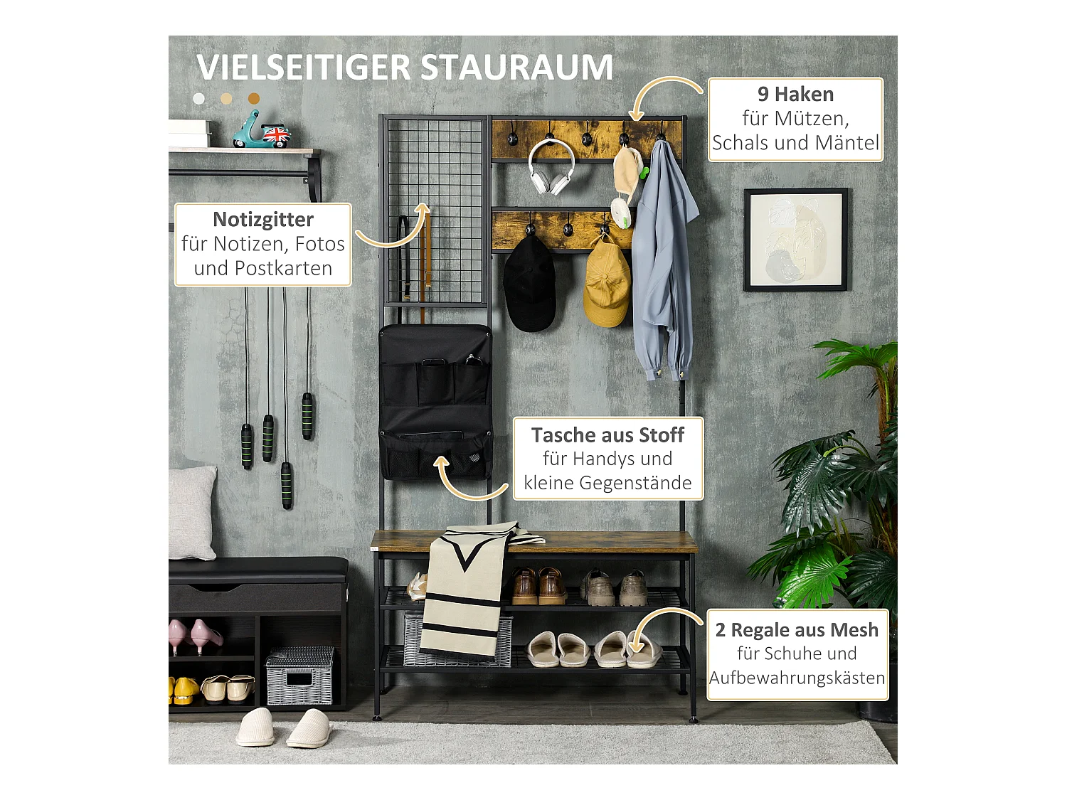 Kapstok met bankje en 9 haken, metaal en hout, industrieel design, walnootkleur (100x40x185 cm)