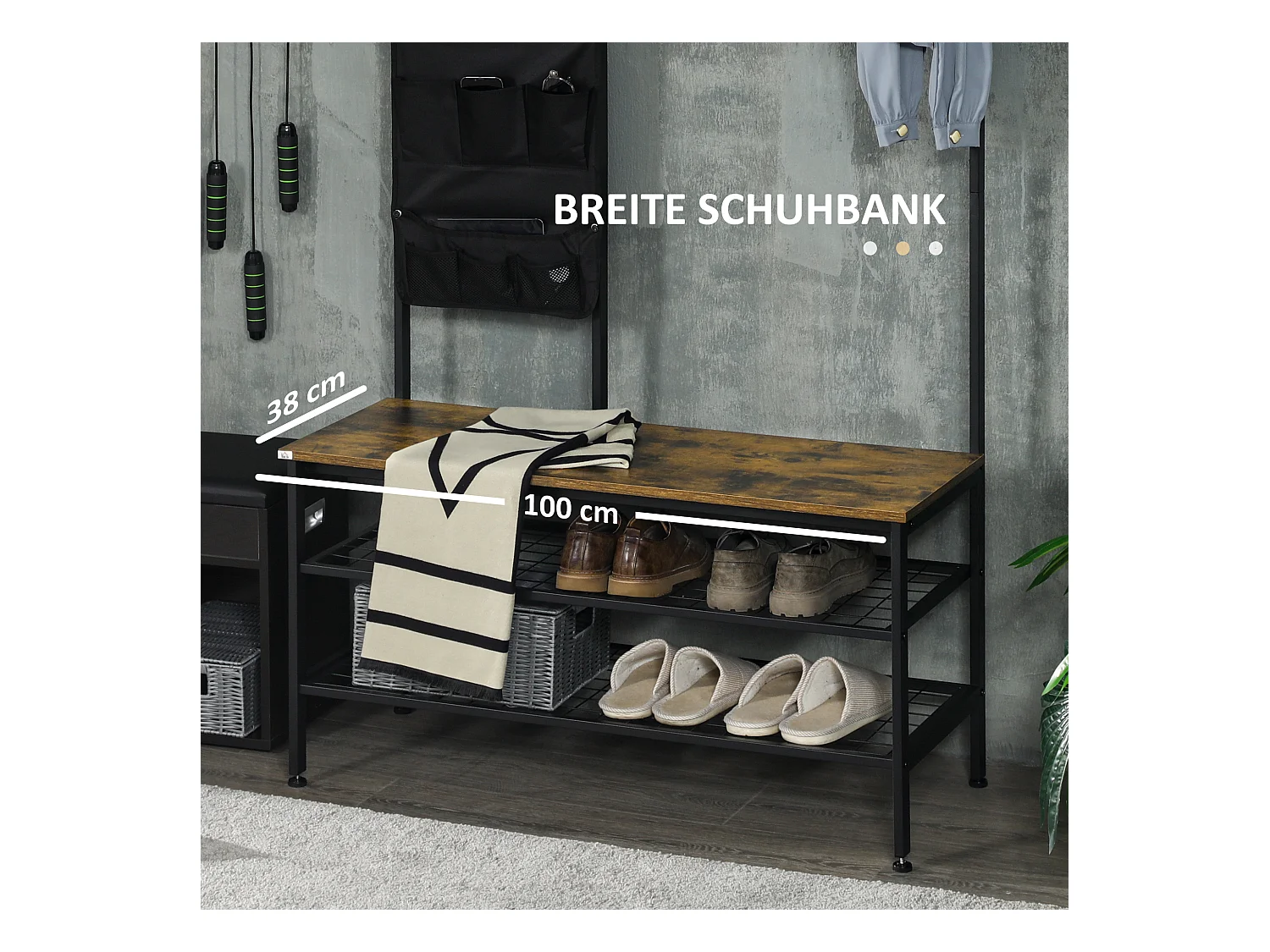 Kapstok met bankje en 9 haken, metaal en hout, industrieel design, walnootkleur (100x40x185 cm)