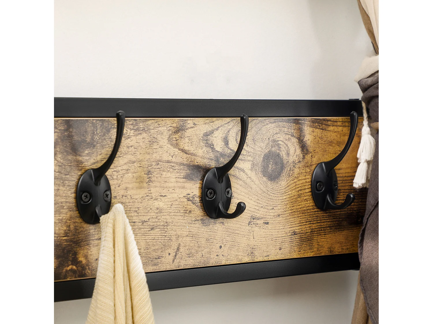 Kapstok met bankje en 9 haken, metaal en hout, industrieel design, walnootkleur (100x40x185 cm)