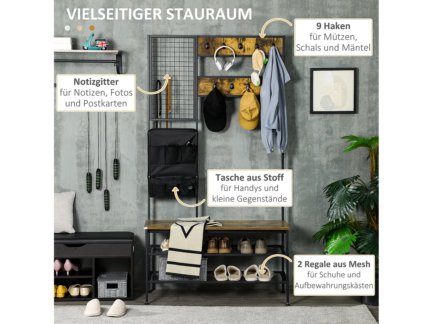 Porte-manteau avec banc et 9 crochets, métal et bois, design industriel, couleur noyer (100x40x185 cm)