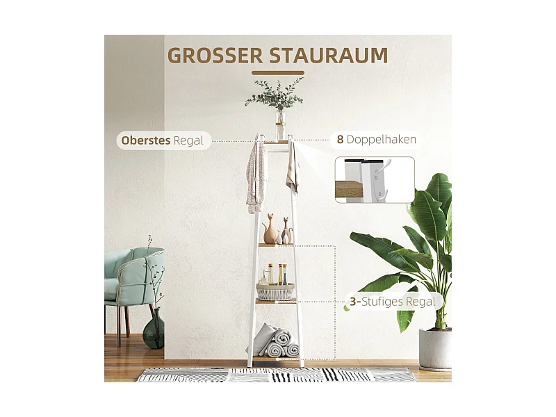 Kapstok met 8 haken, 4 niveaus, gelakt staal, wit, stabiel en veelzijdig (34x34x170cm)